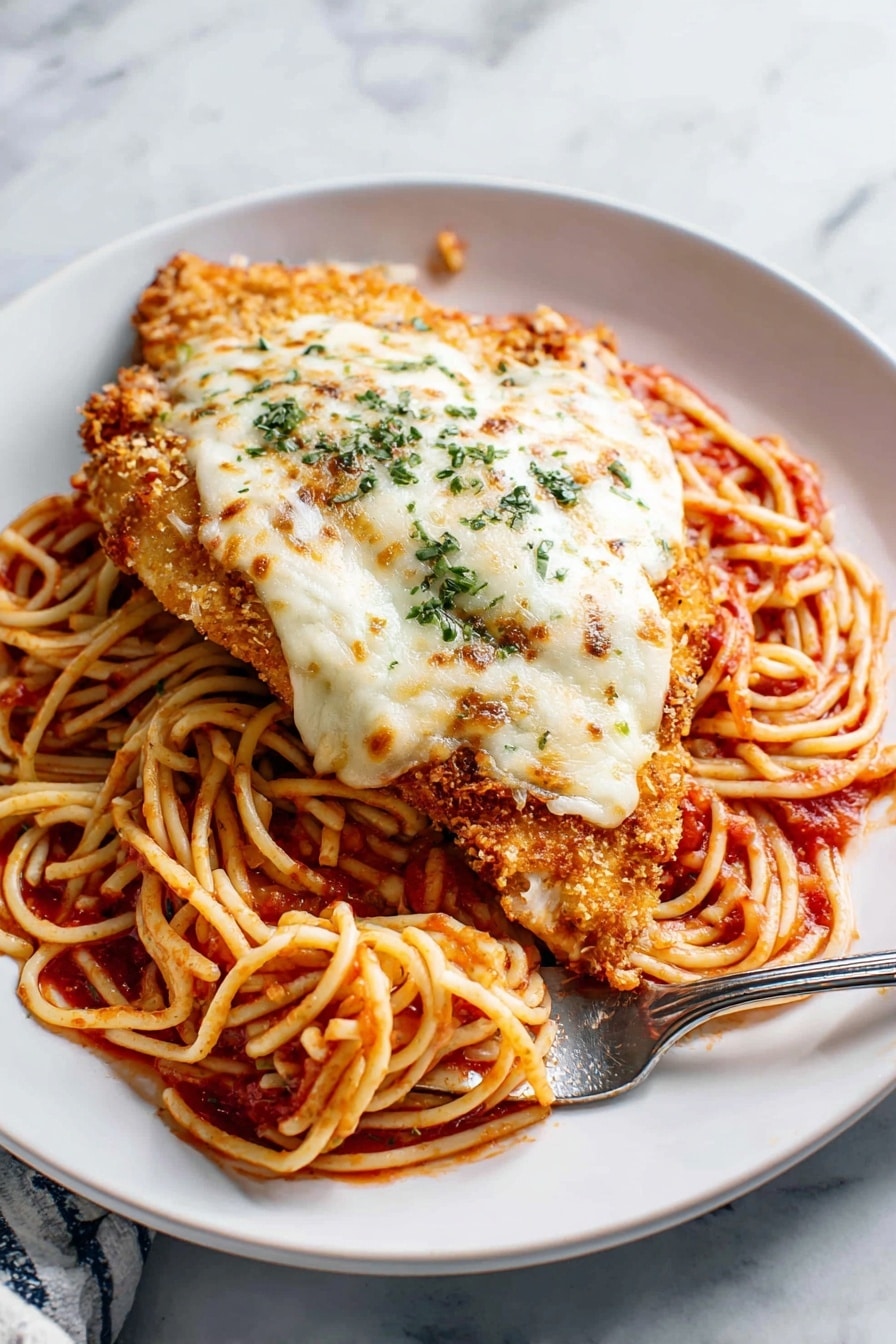 A white plate holds a serving of spaghetti coated in red tomato sauce as the first layer, with strands twisted and piled unevenly. On top, there is a piece of breaded, crispy golden-brown chicken. The chicken is covered with a layer of melted white cheese that is sprinkled with small bits of green herbs. The white marbled surface underneath adds a clean look to the scene, and a silver fork with some spaghetti is partially visible near the edge of the plate. photo taken with an iphone --ar 2:3 --v 7 - Easy Chicken Parmesan, Chicken Parmesan dinner, crispy chicken Parmesan, homemade chicken Parmesan, best Chicken Parmesan