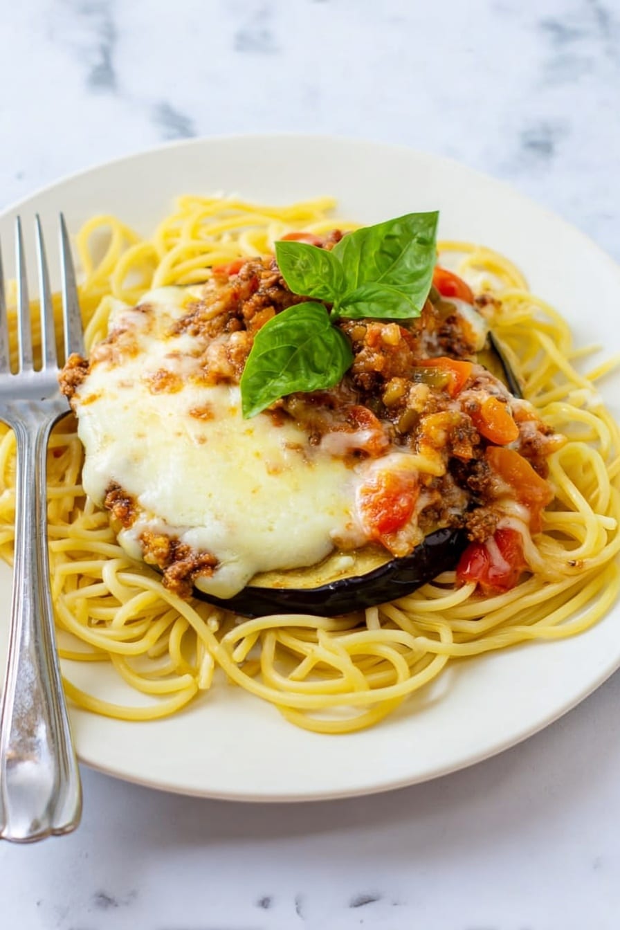 A white plate holds a bed of yellow spaghetti noodles arranged loosely on the bottom layer. On top of the noodles, there is a thick, round slice of lightly browned eggplant covered with melted white cheese that has some golden spots. Over the eggplant, there is a layer of minced meat sauce with chunks of red tomatoes and small bits of orange and brown vegetables, spread unevenly. A fresh green basil leaf sits on top as a garnish. A silver fork is resting on the left side of the plate, and the surface beneath is a white marbled texture. Photo taken with an iphone --ar 2:3 --v 7 - Eggplant Parmesan Spaghetti with Meat Sauce, Eggplant Parmesan spaghetti, hearty Italian pasta recipes, crispy eggplant pasta dish, meat sauce spaghetti dinner