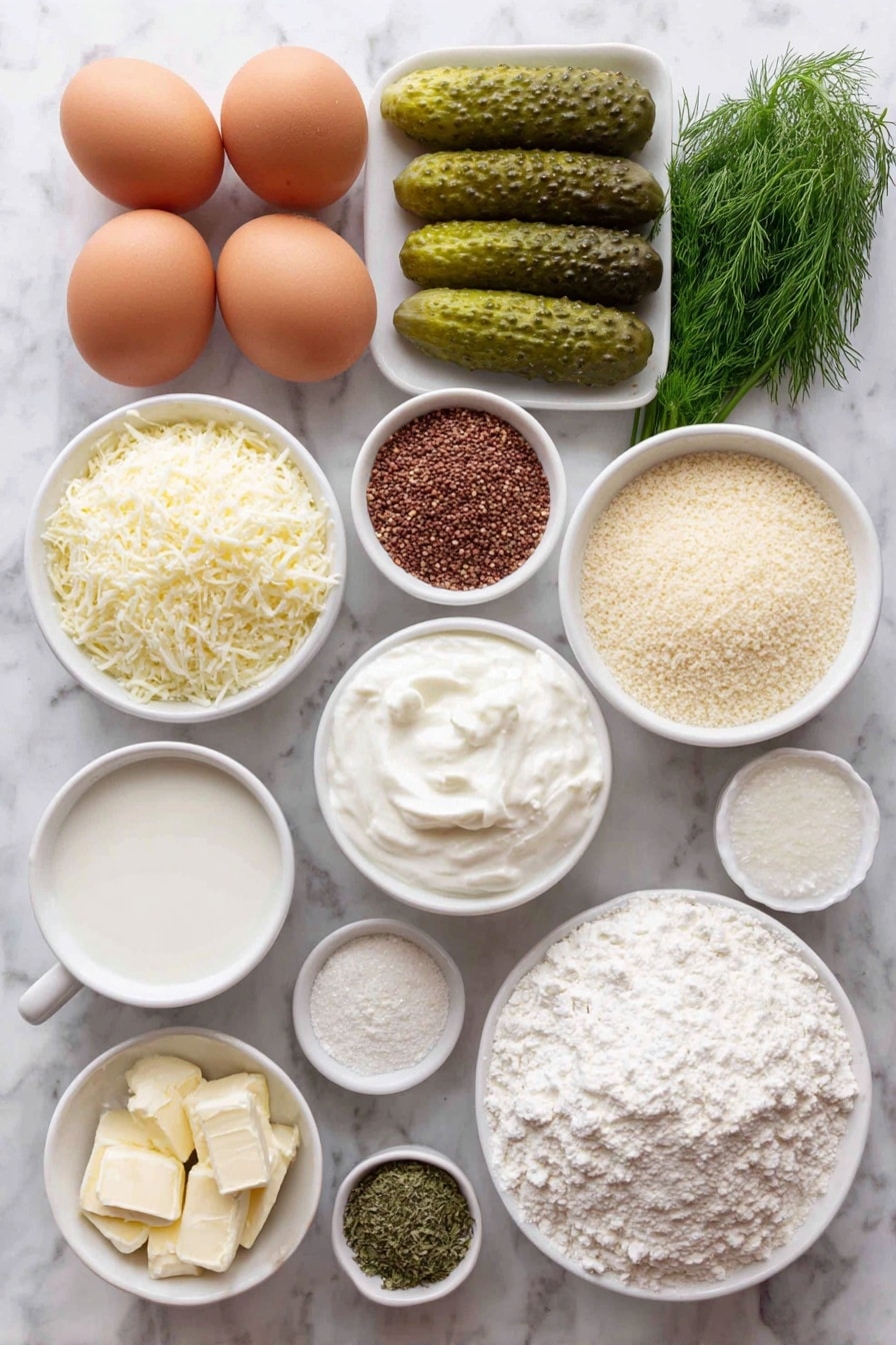Flat lay of fresh baby dill sprigs, two large brown eggs with clean shells, whole dill pickle spears, a small white ceramic bowl of all-purpose flour, a small white ceramic bowl of panko bread crumbs, a small white ceramic bowl of stone-ground corn meal, a small white ceramic bowl of plain bread crumbs, a small white ceramic bowl of finely grated parmesan cheese, a small white ceramic bowl of mayonnaise, a small white ceramic bowl of plain Greek yogurt, a small white ceramic bowl of milk, a small white ceramic bowl of buttermilk, a small white ceramic bowl of white balsamic vinegar, a small white ceramic bowl containing a mix of cayenne pepper, black pepper, onion powder, garlic powder, ground white pepper, and salt combined -- all perfectly arranged with balanced spacing and symmetry, placed on a clean white marble surface, soft natural light, photo taken with an iPhone, professional food photography style, fresh ingredients, white ceramic bowls, no bottles, no duplicates, no utensils, no packaging --ar 2:3 --v 7 --p m7354615311229779997 - Baked Pickle Fries with Dill Ranch, crispy pickle fries, homemade dill ranch dip, healthy snack ideas, game day appetizer recipes