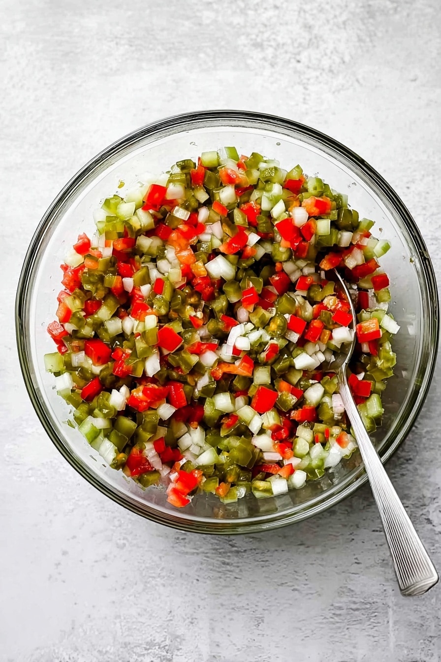 A woman's hand holds a single triangular light beige tortilla chip topped with a colorful mix of diced vegetables. The topping has three layers visible: light green pickles, white onions, and small bright red pieces, all with a fresh, slightly glossy texture. In the background, a white bowl filled with the same diced mixture sits on a white plate, surrounded by more triangular beige tortilla chips scattered on a white marbled surface. The overall image has a bright and fresh look with a clear focus on the chip and its topping. photo taken with an iphone --ar 2:3 --v 7 - Pickle de Gallo, pickle de Gallo recipe, tangy pico de Gallo, quick pico de Gallo with pickles, versatile pickle de Gallo