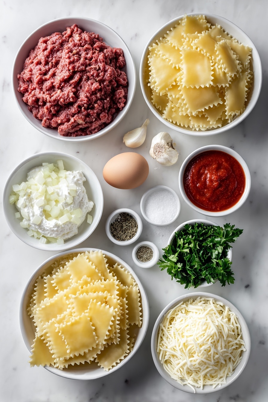 Flat lay of uncooked lasagna noodles neatly stacked, a mound of raw ground beef with a bright red hue, a small white bowl filled with rich red marinara sauce, a few diced pale yellow onion pieces arranged in a simple white bowl, three whole garlic cloves with papery skins intact, a small white bowl containing coarse sea salt crystals, another small white bowl with cracked black peppercorns, a small white bowl of dried oregano leaves, a generous dollop of creamy white ricotta cheese in a white ceramic bowl, one large uncracked brown egg, a small white bowl heaped with finely shredded pale yellow Parmesan cheese, another small white bowl holding shredded mozzarella cheese strings, and a small pile of freshly chopped vibrant green parsley leaves placed in a white bowl, all ingredients arranged with perfect symmetry and balanced proportions, placed on a clean white marble surface, soft natural light, photo taken with an iPhone, professional food photography style, fresh ingredients, white ceramic bowls, no bottles, no duplicates, no utensils, no packaging --ar 2:3 --v 7 --p m7354615311229779997 - Cheesy Beef Lasagna Roll-Ups, Beef Lasagna Roll-Ups, Easy Lasagna Roll-Ups, Italian Beef Roll-Ups, Comfort Food Dinner