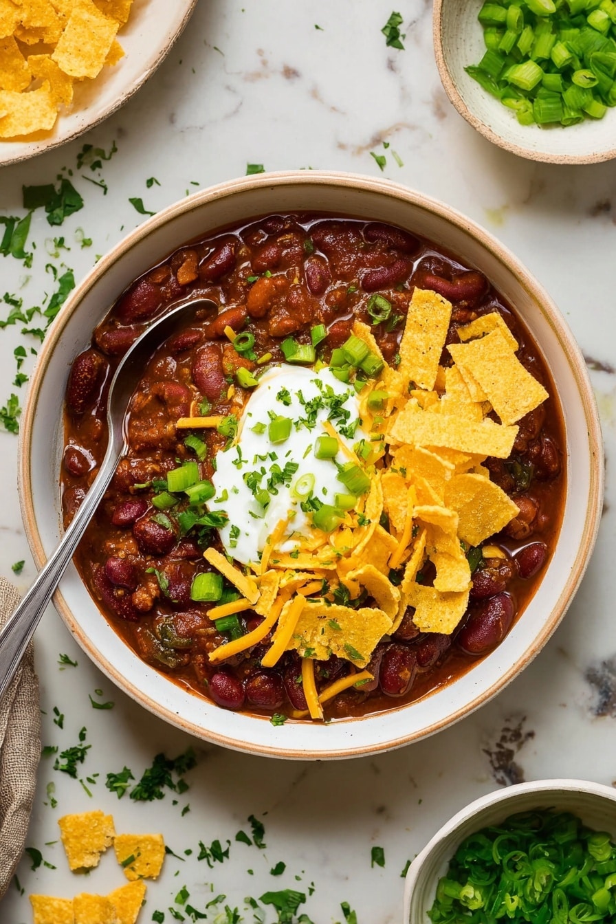 The image shows a white bowl filled with thick chili, dark brown with visible kidney beans and small green herbs mixed in. On top, there is a dollop of white sour cream at the center, surrounded by thin yellow shredded cheese and curved, crunchy-looking yellow corn chips. Chopped green onions and finely chopped green herbs are sprinkled over the sour cream and cheese. A silver spoon rests inside the bowl on the left side. The bowl is placed on a white marbled surface with scattered green herbs and a small white bowl with extra chopped green onions nearby. photo taken with an iphone --ar 2:3 --v 7 - Hearty Beef Chili, easy beef chili recipe, comforting chili bowl, quick beef chili, best beef chili recipe