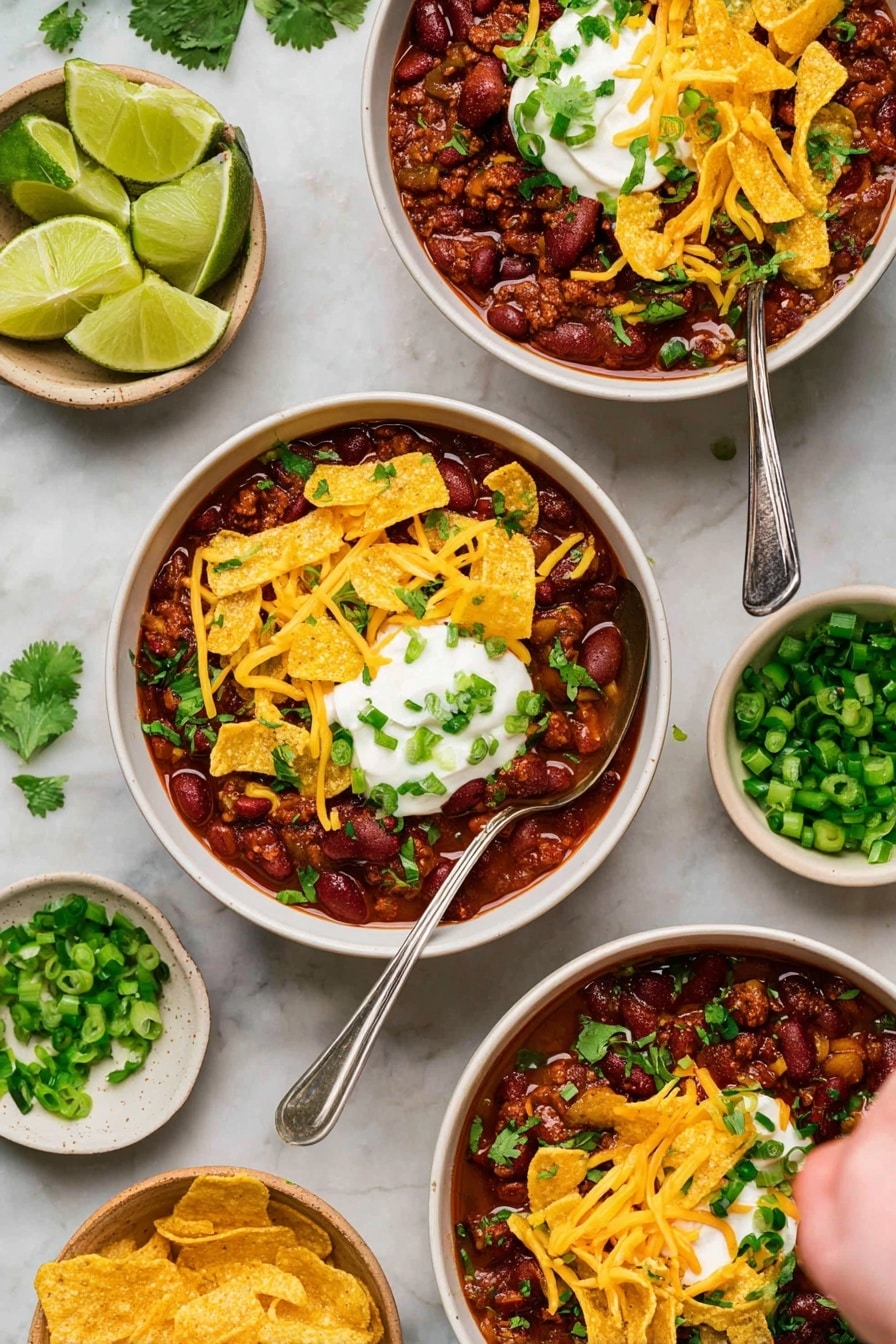 The image shows three white bowls filled with rich, dark red chili with visible beans and minced meat. Each bowl is topped with a dollop of white sour cream in the center, surrounded by bright yellow strips of cheddar cheese and curled, crunchy, light golden corn chips. Small pieces of chopped green onion and fresh green cilantro leaves are scattered on top, adding a fresh touch. Around the bowls, there are lime wedges and extra chopped green onions in small white bowls on a white marbled surface, with a woman's hand holding a spoon in the bottom right bowl. Photo taken with an iphone --ar 2:3 --v 7 - Hearty Beef Chili, easy beef chili recipe, comforting chili bowl, quick beef chili, best beef chili recipe