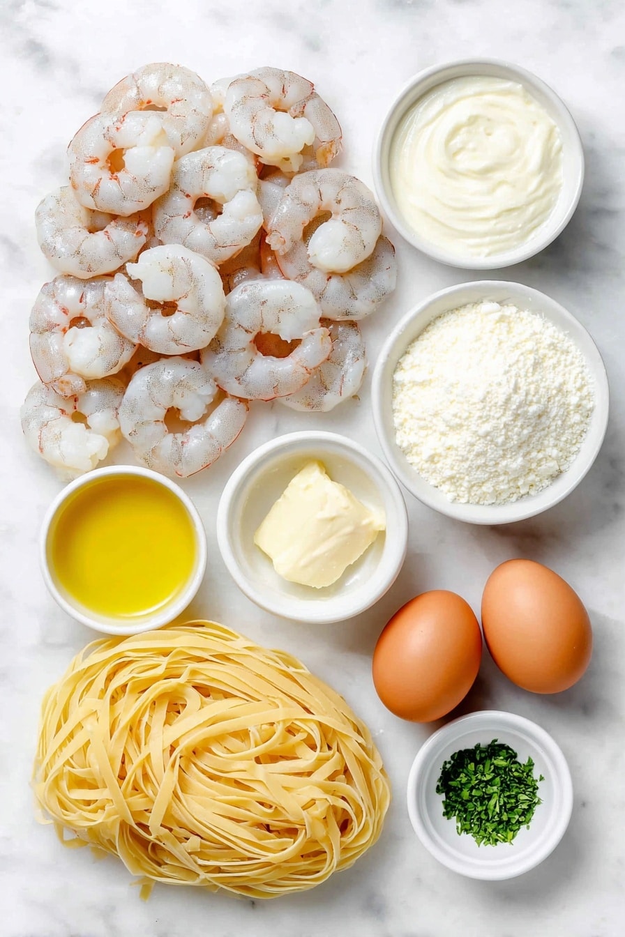 Flat lay of peeled and deveined shrimp with a pink and white hue, a small mound of uncooked fettuccine pasta strands, a small white ceramic bowl filled with golden oil, a small white ceramic bowl holding two tablespoons of creamy unsalted butter, a whole small white onion, a single peeled garlic clove, a small white ceramic bowl containing pale yellow white wine, a small white ceramic bowl filled with smooth heavy whipping cream, a small white ceramic bowl with finely grated parmesan cheese, a small pile of fresh bright green parsley leaves, a small white ceramic bowl holding a sprinkle of paprika powder, and two whole uncracked brown eggs arranged symmetrically in a balanced layout, placed on a clean white marble surface, soft natural light, photo taken with an iPhone, professional food photography style, fresh ingredients, white ceramic bowls, no bottles, no duplicates, no utensils, no packaging --ar 2:3 --v 7 --p m7354615311229779997 - Creamy Shrimp Alfredo Pasta, Shrimp Alfredo Recipe, Easy Shrimp Alfredo, Creamy Pasta with Shrimp, Quick Alfredo Pasta