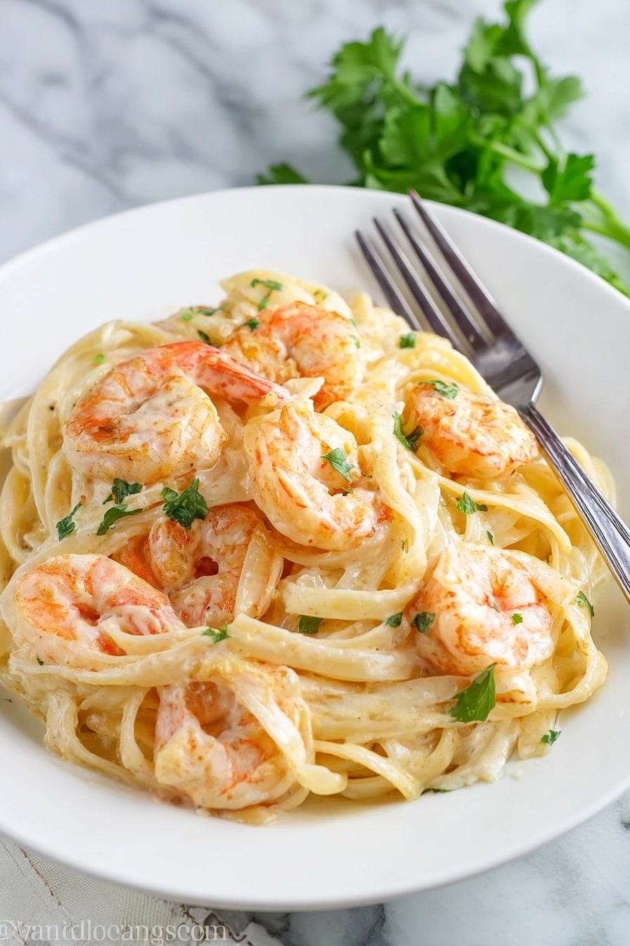 The image shows a white plate filled with creamy pasta that has a smooth, light beige sauce. On top of and mixed in the pasta are several pinkish-orange shrimp, slightly curved and cooked, with a light shine from the sauce. Small vibrant green parsley leaves dot the dish, adding color contrast. A silver fork rests on the right side of the plate, placed on a white marbled surface in the background. The overall look is fresh and appetizing, with a soft and creamy texture visible on the pasta strands. photo taken with an iphone --ar 2:3 --v 7 - Creamy Shrimp Alfredo Pasta, Shrimp Alfredo Recipe, Easy Shrimp Alfredo, Creamy Pasta with Shrimp, Quick Alfredo Pasta
