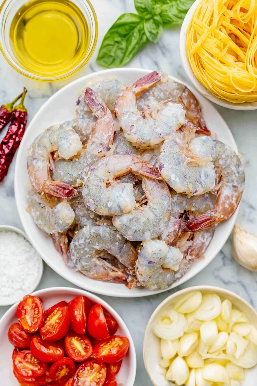 Flat lay of large raw shrimp with shells removed and deveined, a small heap of baking soda powder on white ceramic plate, coarse kosher salt crystals in a small white bowl, uncooked linguine pasta nest, a small white bowl with extra virgin olive oil, two fresh shallots thinly sliced on white ceramic plate, three sliced garlic cloves arranged neatly on white plate, one whole small red chili pepper, a small white bowl holding dry white wine, halved bright red cherry tomatoes spread on white plate, a small bunch of fresh hand-torn basil leaves on white ceramic dish, placed on a clean white marble surface, soft natural light, photo taken with an iPhone, professional food photography style, fresh ingredients, white ceramic bowls, no bottles, no duplicates, no utensils, no packaging --ar 2:3 --v 7 --p m7354615311229779997 - Shrimp Tomato Basil Pasta, shrimp pasta with cherry tomatoes, garlic basil pasta, quick shrimp pasta recipe, summer seafood pasta