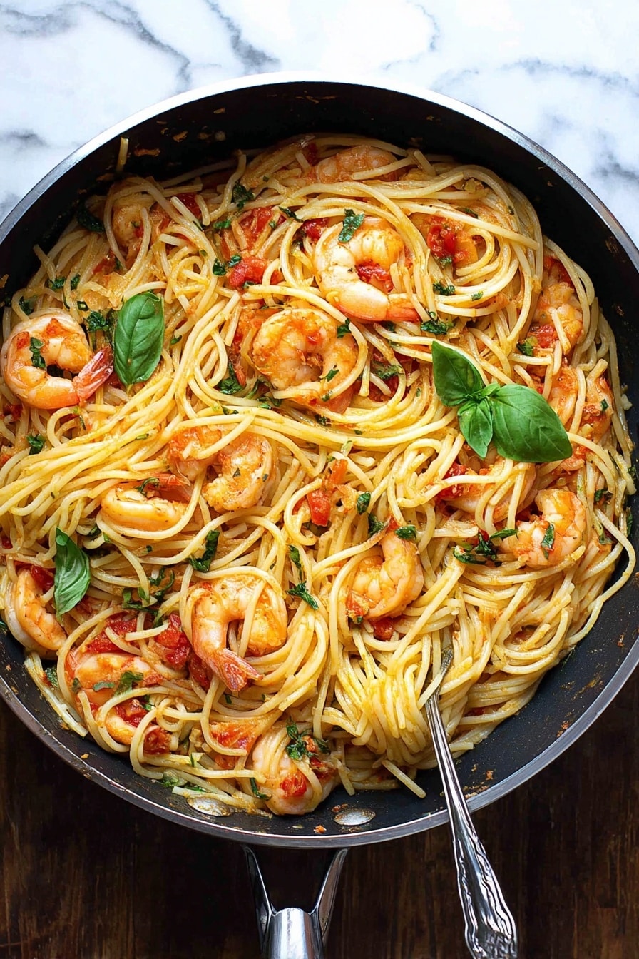 The image shows a white plate holding a serving of spaghetti with several pieces of cooked shrimp on top. The pasta is light yellow and tangled in the center with bright red cherry tomatoes scattered throughout. There are green basil leaves placed on the spaghetti, adding a fresh touch. A silver fork rests on the right side of the plate, slightly touching the food. The plate is set against a white marbled texture surface. photo taken with an iphone --ar 2:3 --v 7 - Shrimp Tomato Basil Pasta, shrimp pasta with cherry tomatoes, garlic basil pasta, quick shrimp pasta recipe, summer seafood pasta