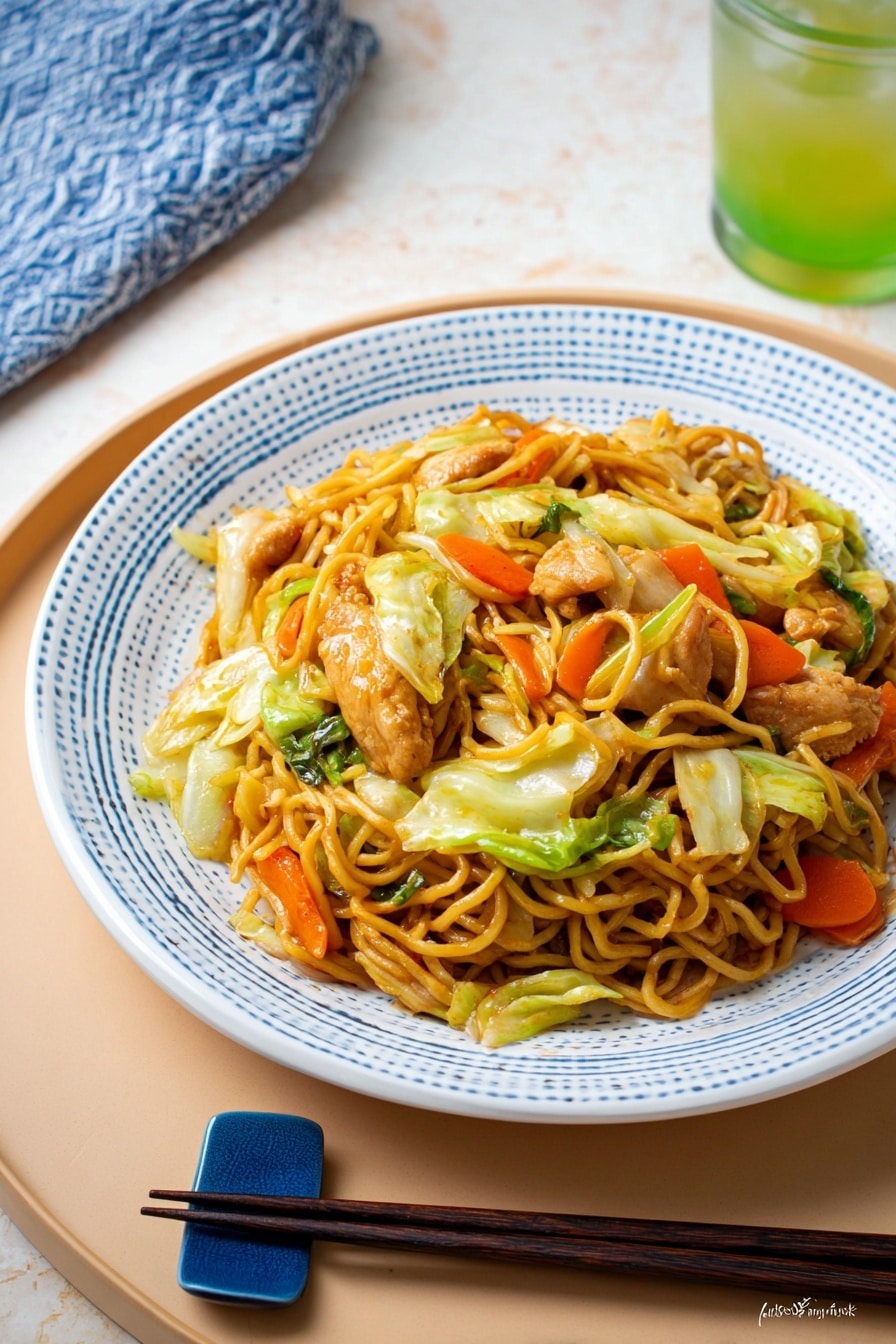 A round white plate with a thin blue patterned edge holds a serving of stir-fried noodles mixed with several pieces of cooked chicken, bright orange carrot sticks, green cabbage pieces, and some green vegetables. The noodles are light brown and slightly shiny, tangled together with the other ingredients. On the right side of the plate, there is a pair of black and brown chopsticks resting on the edge. The plate is placed on a white marbled surface with a small white bowl of green liquid nearby and a corner of a blue and white striped cloth visible. photo taken with an iphone --ar 2:3 --v 7 - Easy Chicken Yakisoba Stir-Fry, Chicken Yakisoba, Japanese stir-fry, quick dinner ideas, savory noodle recipes