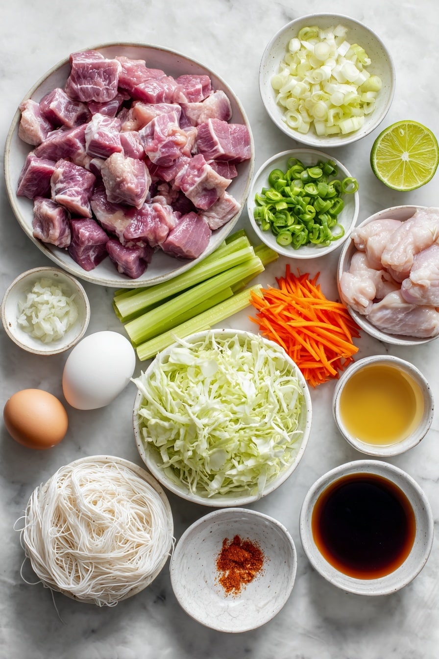 Flat lay of fresh cubed raw pork shoulder in pinkish tones, fresh cubed raw boneless chicken thighs with pale pink skin on some pieces, a medium-sized peeled yellow onion julienned into thin strips, several peeled garlic cloves finely minced, a small mound of bright orange julienned carrots, two ribs of celery thinly sliced on bias with crisp green color, a small pile of thinly sliced sugar snap peas in vibrant green, green cabbage roughly chopped into 1-inch pieces revealing crisp white and pale green layers, a small white ceramic bowl with glossy dark oyster sauce, a small white ceramic bowl of shiny soy sauce, a small white ceramic bowl with golden neutral-flavored oil, a small white ceramic bowl containing clear chicken stock, a neatly coiled bundle of dry vermicelli noodles in fine thin strands, one whole uncracked brown egg, a small white ceramic bowl with granulated white sugar, a halved fresh lime showing vibrant green flesh, a small white ceramic bowl with ground orange-red achiote powder, all arranged in perfect symmetry and balanced proportions, placed on a clean white marble surface, soft natural light, photo taken with an iPhone, professional food photography style, fresh ingredients, white ceramic bowls, no bottles, no duplicates, no utensils, no packaging --ar 2:3 --v 7 --p m7354615311229779997 - Easy Chicken and Pork Pancit, Filipino noodle dish, quick pancit recipe, savory chicken pork stir-fry, Filipino comfort food