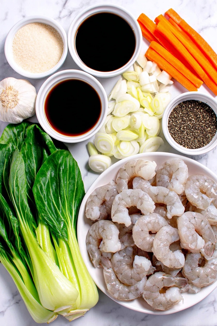 Flat lay of peeled and deveined raw shrimp, thinly sliced white onion, a small white bowl of soy sauce, a small white bowl of oyster sauce, a small white bowl of granulated sugar, a small white bowl of avocado oil, a whole uncracked garlic clove, four baby bok choy pieces cut into 1-inch segments, two small carrots cut into matchsticks, a small white bowl of vegetable broth, a small white bowl of black pepper, thinly sliced green onions, and a portion of cooked lo mein noodles arranged neatly in a simple white ceramic plate, placed on a clean white marble surface, soft natural light, photo taken with an iPhone, professional food photography style, fresh ingredients, white ceramic bowls, no bottles, no duplicates, no utensils, no packaging --ar 2:3 --v 7 --p m7354615311229779997 - Shrimp Lo Mein Stir-Fry, shrimp stir-fry recipe, easy lo mein recipe, healthy Asian stir-fry, quick shrimp noodle dish