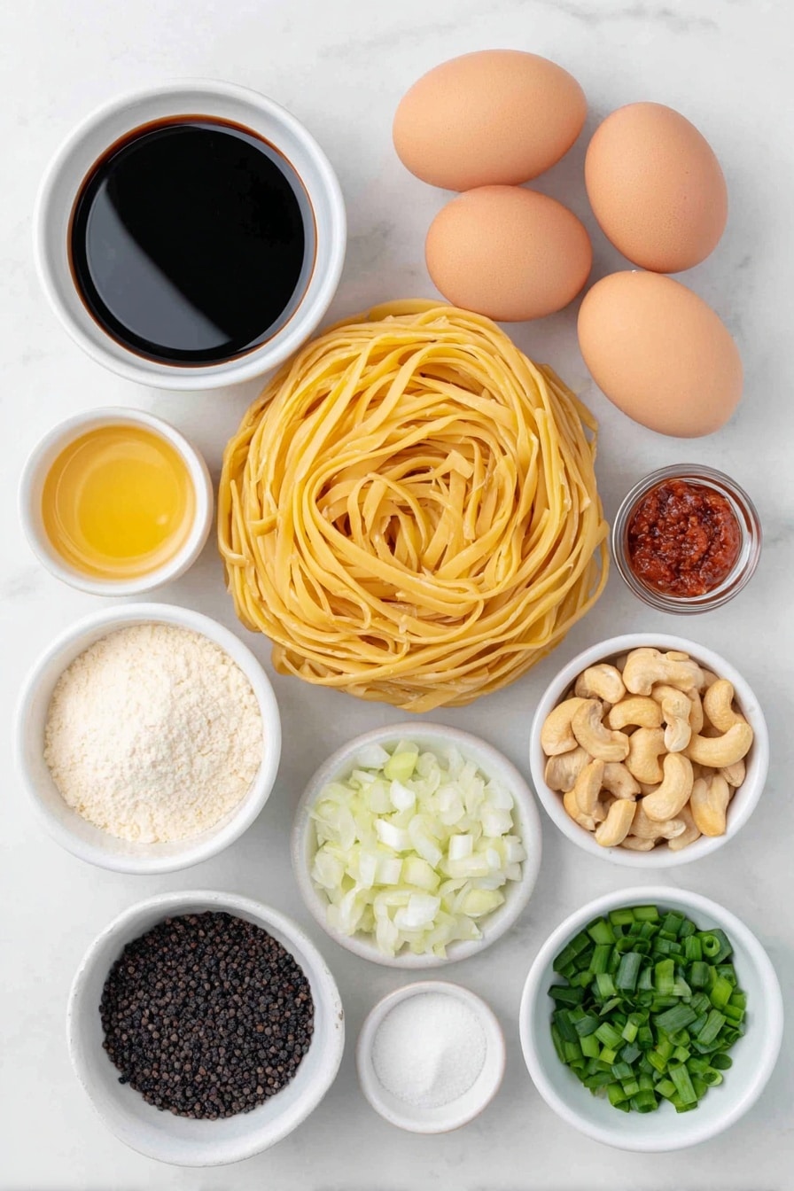 Flat lay of a small pile of dry linguine pasta strands, a few fresh king oyster mushrooms with smooth white stems and tan caps, a half small red bell pepper diced into neat cubes, two whole uncracked brown eggs, a halved small white onion diced finely, two scallions sliced into two-inch pieces with white parts separated from bright green tops, three whole dried red chiles, a small handful of roasted cashews, a few whole Szechuan peppercorns, and three small white ceramic bowls each filled with clear water, dark soy sauce, and glossy red chili bean paste, placed on a clean white marble surface, soft natural light, photo taken with an iPhone, professional food photography style, fresh ingredients, white ceramic bowls, no bottles, no duplicates, no utensils, no packaging --ar 2:3 --v 7 --p m7354615311229779997 - Vegan Kung Pao Pasta, vegan pasta recipes, plant-based Asian pasta, spicy vegan pasta dish, easy vegan dinner ideas