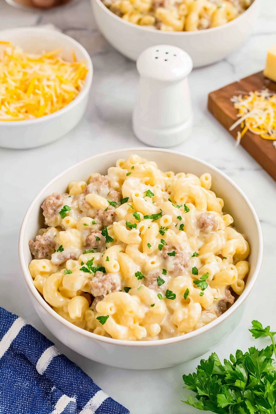 The image shows a white bowl filled with creamy pasta that has three layers: a bottom layer of pale yellow cooked macaroni, a middle layer mixed with small chunks of light brown sausage, and a top layer of white cheese sauce sprinkled with a few green herb pieces. Behind it, two more white bowls hold the same dish, sitting on a white marbled surface. To the left, a wooden cutting board with grated cheese and a block of cheese is visible. A blue and white checkered cloth is partially seen in the lower-left corner. Some green herbs lay on the marble in the bottom right corner. The lighting is bright and natural, creating a fresh feel. Photo taken with an iphone --ar 2:3 --v 7 - Creamy Sausage Mac and Cheese, cheesy sausage pasta, easy comfort food recipes, hearty sausage mac and cheese, quick weeknight dinner ideas