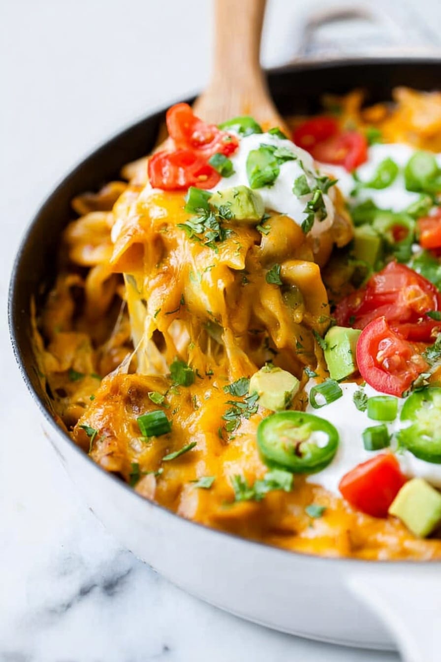 A white pan filled with baked pasta covered in melted orange cheese that stretches as a wooden spatula lifts a serving. On top, there are chopped green herbs and sliced green onions, bright red chopped tomatoes, creamy white sour cream, and small chunks of green avocado layered over the cheesy pasta. The background is a white marbled surface. photo taken with an iphone --ar 2:3 --v 7 - Cheesy Enchilada Pasta, enchilada pasta recipe, cheesy pasta dishes, quick weeknight dinner, comforting pasta recipes