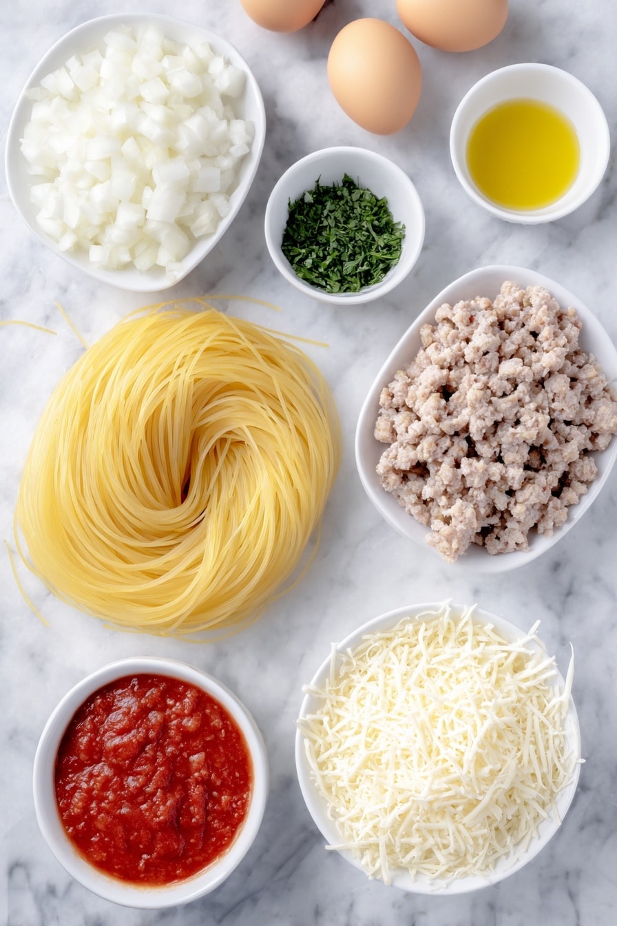 Flat lay of uncooked thin spaghetti pasta neatly coiled, a small pile of raw bulk sweet Italian sausage loosely arranged showing texture, roughly chopped fresh shiitake mushrooms with their caps and stems, a medium white onion diced into even chunks, two whole brown eggs with smooth uncracked shells, two cloves of fresh garlic with papery skin intact, a delicate handful of bright green chopped flat-leaf parsley, a small white ceramic bowl holding vibrant red marinara tomato sauce, another small white bowl filled with golden extra virgin olive oil, a simple white bowl of creamy white ricotta cheese, a neat mound of finely grated pale Parmesan cheese, and a small heap of shredded white mozzarella cheese, all placed on a clean white marble surface, soft natural light, photo taken with an iPhone, professional food photography style, fresh ingredients, white ceramic bowls, no bottles, no duplicates, no utensils, no packaging --ar 2:3 --v 7 --p m7354615311229779997 - Baked Sausage Spaghetti Casserole, cheesy sausage pasta bake, easy sausage spaghetti dinner, hearty sausage casserole, quick baked pasta dish