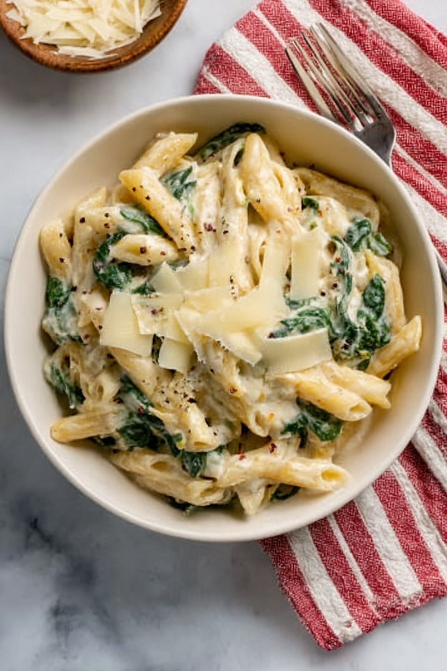 A white bowl filled with creamy pasta, showing three main layers: the bottom layer is light yellow penne pasta, the middle layer is green spinach pieces mixed evenly, and the top layer has thinly shaved pale yellow cheese slices scattered over the pasta. The pasta looks soft and coated in a white creamy sauce. The bowl sits on a white marbled surface next to a red and white striped cloth. photo taken with an iphone --ar 2:3 --v 7 - Creamy Chicken Spinach Pasta, easy creamy chicken pasta, quick spinach pasta, homemade chicken pasta, comforting pasta dinner