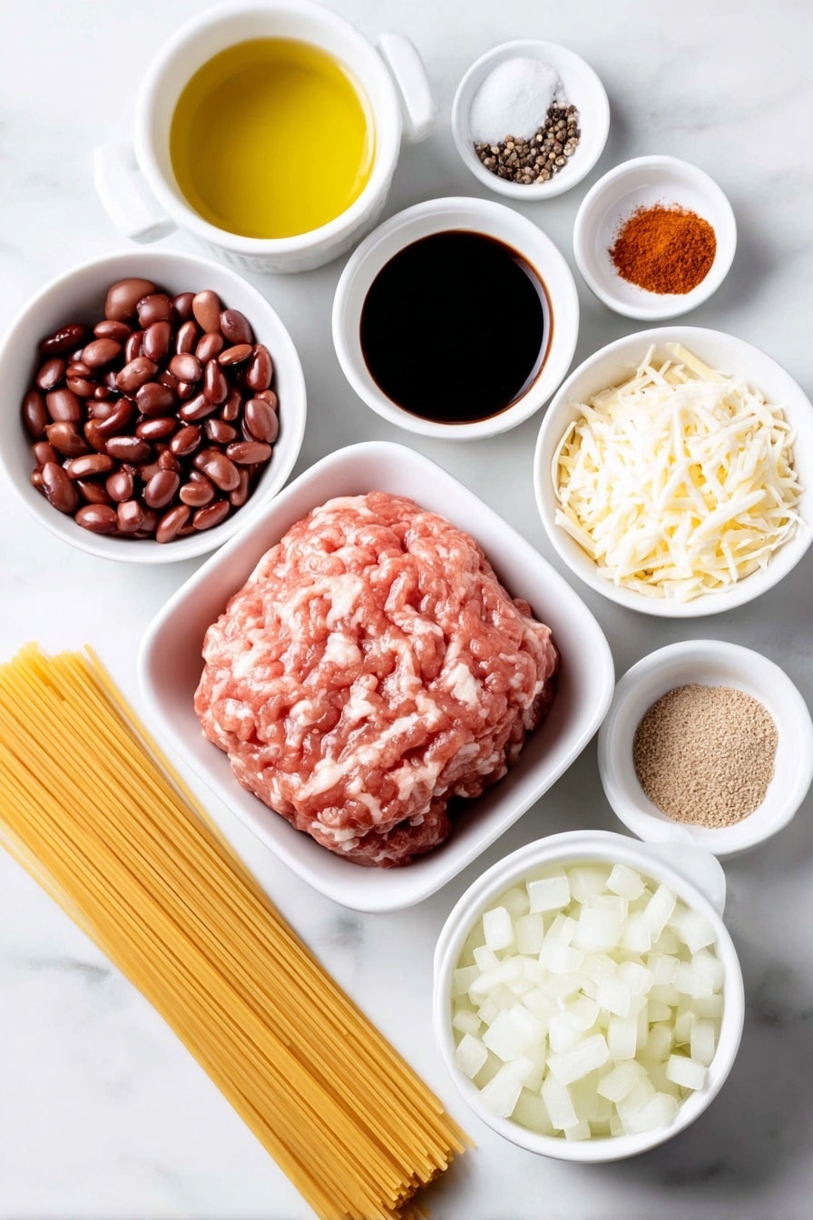 Flat lay of a small mound of fresh raw ground chuck meat shaped naturally, a small white ceramic bowl of golden olive oil, a small white ceramic bowl filled with diced white onions, a small white ceramic bowl with minced garlic cloves, a small white ceramic bowl of rich red tomato paste, a small white ceramic bowl of pale golden apple cider vinegar, a small white ceramic bowl with dark Worcestershire sauce, a small white ceramic bowl each holding tiny piles of ground cloves, ground cayenne pepper, chili powder, ground cinnamon, and ground allspice arranged symmetrically, a small white ceramic bowl of granulated sugar, a small white ceramic bowl of unsweetened cocoa powder, a small piece of unsulphured molasses block, a neat bundle of uncooked dry spaghetti pasta, a small white ceramic bowl filled with freshly shredded bright orange cheddar cheese, a small white ceramic bowl with rinsed black beans, a small white ceramic bowl with rinsed red kidney beans, a whole uncracked brown onion, and a small white ceramic bowl full of oyster crackers, all carefully balanced and evenly spaced, placed on a clean white marble surface, soft natural light, photo taken with an iPhone, professional food photography style, fresh ingredients, white ceramic bowls, no bottles, no duplicates, no utensils, no packaging --ar 2:3 --v 7 --p m7354615311229779997 - Cincinnati Chili Spaghetti, Cincinnati Chili, Chili Spaghetti Recipe, Comfort Food Recipes, Easy Cincinnati Chili