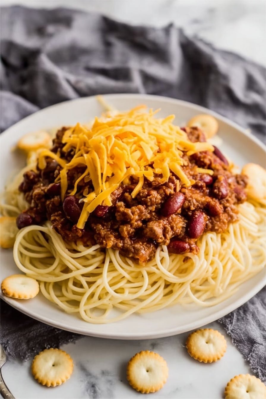 A white plate holds a layer of cooked spaghetti pasta, light yellow and smooth in texture, arranged in a loose pile. On top of the pasta is a thick layer of chili made with ground meat and red kidney beans, rich brown in color with chunks and a slightly glossy texture. Sprinkled over the chili is a generous amount of shredded bright orange cheddar cheese, adding a soft but firm texture. Scattered around the plate's edges are small round oyster crackers, pale cream in color and crunchy. The plate rests on a white marbled surface partially covered by a gray cloth. Photo taken with an iphone --ar 2:3 --v 7 - Cincinnati Chili Spaghetti, Cincinnati Chili, Chili Spaghetti Recipe, Comfort Food Recipes, Easy Cincinnati Chili