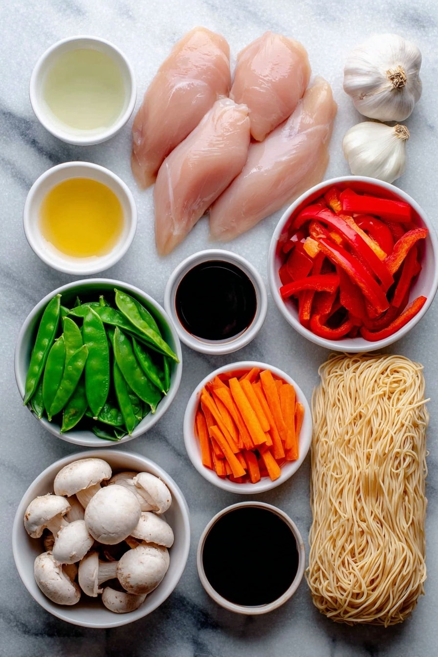 Flat lay of boneless skinless chicken breasts with smooth, pale pink flesh, three whole uncracked brown garlic cloves, a medium white onion cut in half showing its layers, a large red bell pepper sliced into thin vibrant red strips, a cluster of sliced white mushrooms with tan caps, a small white bowl filled with slender, bright orange matchstick carrots, a small white bowl with fresh crisp green snow peas, a small white bowl containing fresh green bok choy leaves, a small white bowl of clear golden chicken stock, a small white bowl of pale yellow lemon juice, a small white bowl of translucent rice wine vinegar, a small white bowl of thick dark reddish-brown Hoisin sauce, a small white bowl holding glossy dark soy sauce, and a neat bundle of pale tan rice stir-fry noodles broken in half -- all ingredients arranged symmetrically with perfect balance, placed on a clean white marble surface, soft natural light, photo taken with an iPhone, professional food photography style, fresh ingredients, white ceramic bowls, no bottles, no duplicates, no utensils, no packaging --ar 2:3 --v 7 --p m7354615311229779997 - Instant Pot Chicken Lo Mein, easy chicken lo mein, healthy chicken noodle stir-fry, quick weeknight dinner recipes, one-pot lo mein