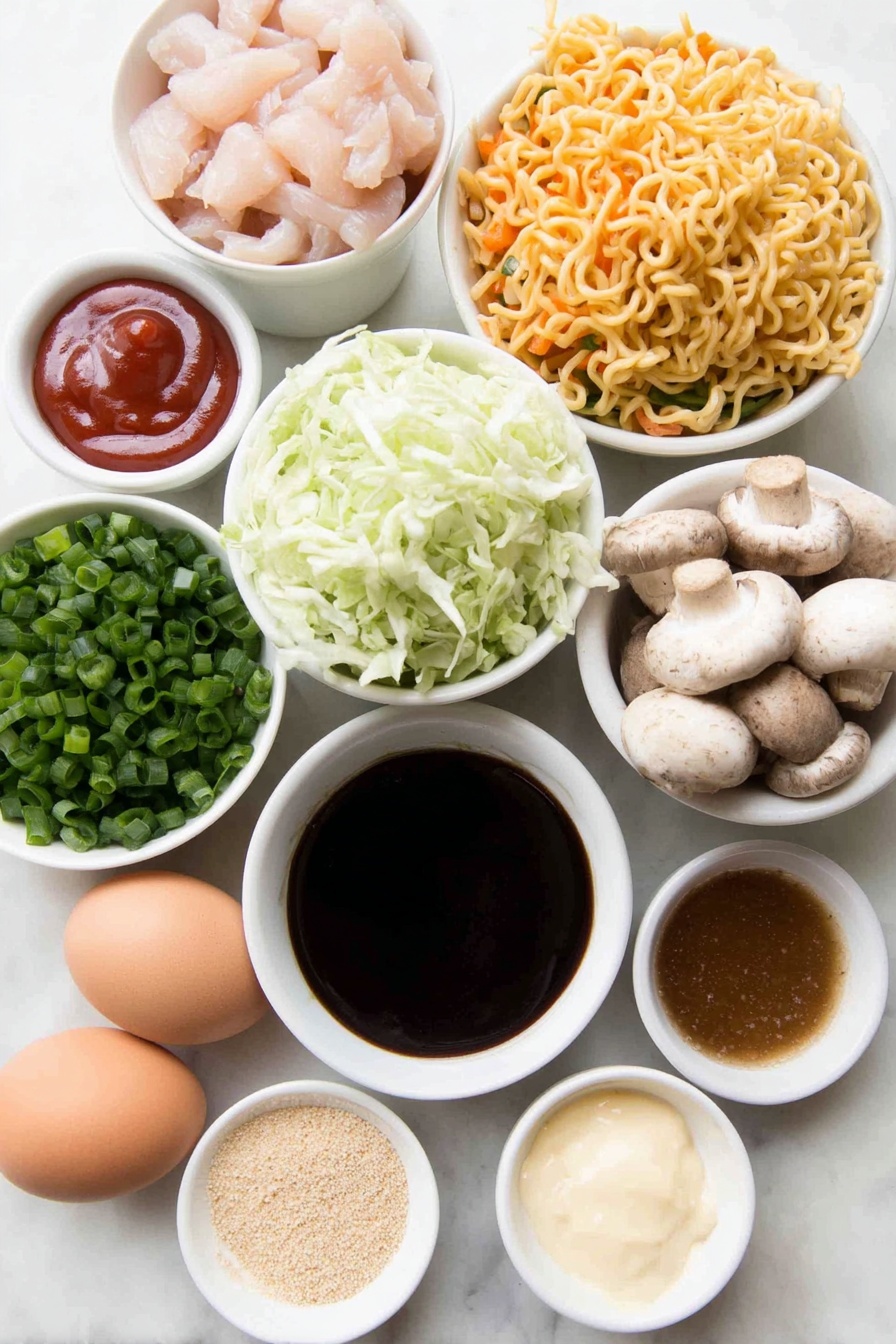 Flat lay of fresh sliced raw chicken breast strips, bright red bell pepper cut into thin long strips, whole fresh button mushrooms sliced in half, shredded green cabbage pile, slender matchstick carrots, white and light green portions of chopped green onions in a small neat mound, vibrant green portions of green onion cut into 2-inch strips, a small white ceramic bowl of glossy dark soy sauce, a small white ceramic bowl of thick reddish ketchup, a small white ceramic bowl of dark Worcestershire sauce, a small white ceramic bowl with sticky light brown packed sugar, a small white ceramic bowl of shiny oyster sauce, a small white ceramic bowl holding amber sesame oil, a small white ceramic bowl with pale creamy garlic stir-in paste, a small white ceramic bowl with soft yellow ginger stir-in paste, a small portion of fresh uncooked yellow yakisoba noodles arranged neatly without packaging, a small white ceramic bowl with golden vegetable oil, a small white ceramic bowl with chopped raw peanuts, whole uncracked brown eggs arranged symmetrically -- all ingredients fresh and natural, no packaging, placed on a clean white marble surface, soft natural light, photo taken with an iPhone, professional food photography style, fresh ingredients, white ceramic bowls, no bottles, no duplicates, no utensils, no packaging --ar 2:3 --v 7 --p m7354615311229779997 - Chicken Yakisoba Stir-Fry, Chicken Yakisoba, Japanese stir-fry recipes, easy chicken stir-fry, quick Asian noodle dishes