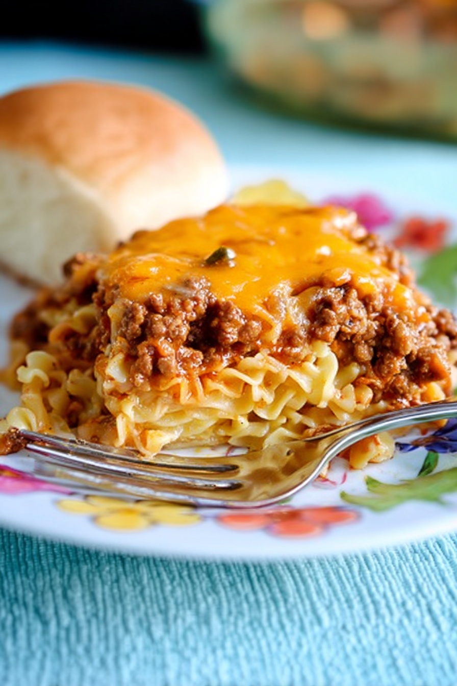 A close-up of a slice of baked pasta on a white plate with colorful flower patterns, showing three layers: the bottom layer of pale yellow cooked noodles, the middle layer of brown ground meat mixed with small pieces of vegetables, and the top layer of melted orange cheese covering the meat. A silver fork is inserted into the slice from the left side, and a light brown bread roll is placed in the background. The plate sits on a light blue textured surface, and the background is softly blurred. photo taken with an iphone --ar 2:3 --v 7 - Sour Cream Noodle Bake with Ground Beef, hearty ground beef casserole, creamy beef noodle bake, easy comfort food recipes, family-friendly dinner ideas