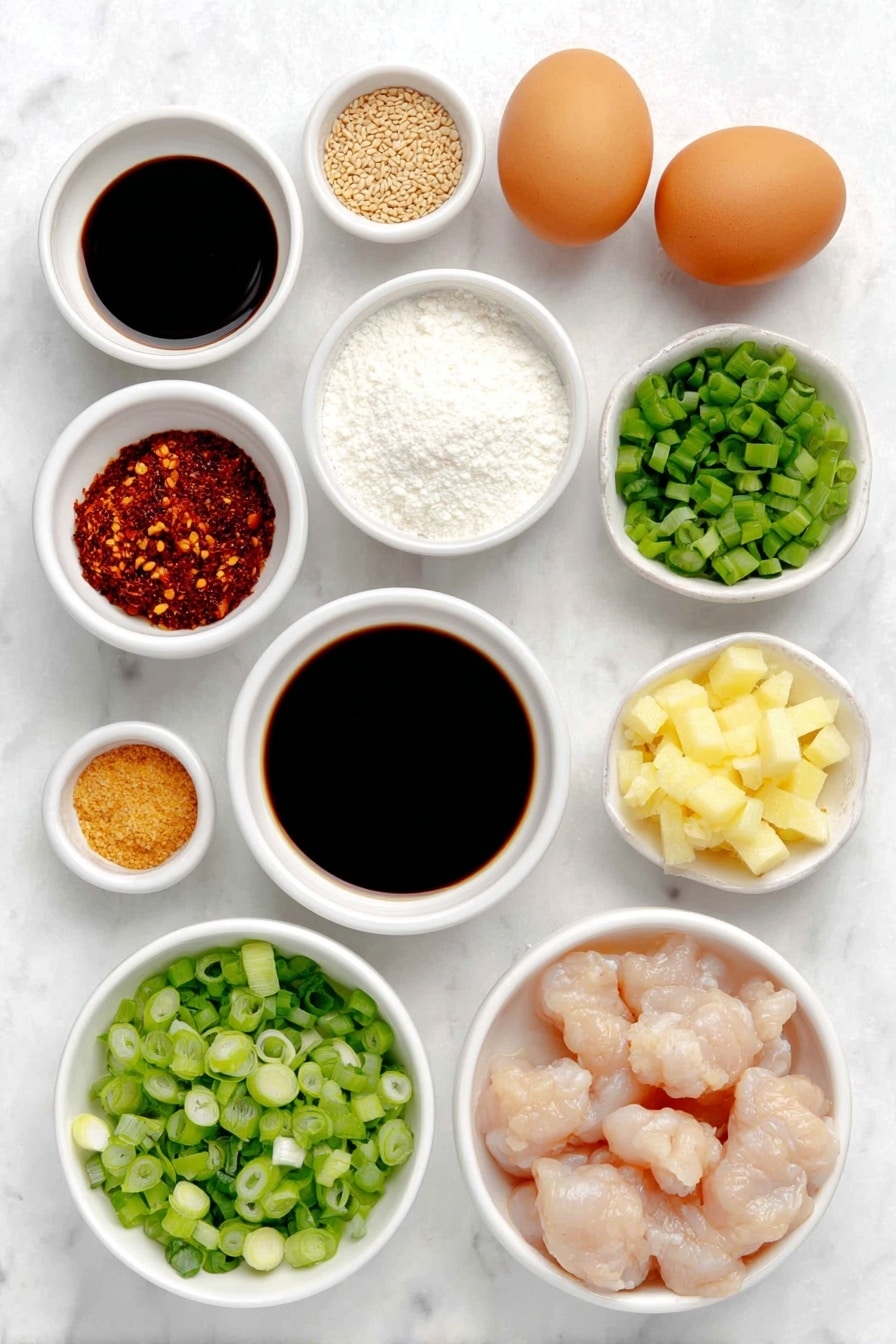 Flat lay of a simple white ceramic bowl filled with light soy sauce, a small white ceramic bowl of glossy hoisin sauce, a small white ceramic bowl of clear rice vinegar, a small white ceramic bowl containing vibrant red chili paste, a small white ceramic bowl of dark toasted sesame oil, a small white ceramic bowl of golden brown sugar crystals, a small white ceramic bowl of fine white cornflour, a small white ceramic bowl of light golden chicken stock, fresh raw chicken thigh pieces pale pink and plump, a small pile of finely grated light yellow ginger, a small heap of finely grated white garlic, two whole clean uncracked brown eggs, a small white ceramic bowl of clear vegetable oil, a small cluster of finely chopped ginger roots, a small mound of finely chopped garlic cloves, a small white ceramic bowl filled with bright red chili flakes, a small pile of thinly sliced green onions vibrant green and fresh, and a scattering of small, bright beige sesame seeds — all arranged with perfect symmetry on a clean white marble surface, soft natural light, photo taken with an iPhone, professional food photography style, fresh ingredients, white ceramic bowls, no bottles, no duplicates, no utensils, no packaging --ar 2:3 --v 7 --p m7354615311229779997 - Crispy General Tso's Chicken, Chinese chicken recipes, homemade takeout chicken, spicy sweet chicken stir-fry, easy Asian chicken dish