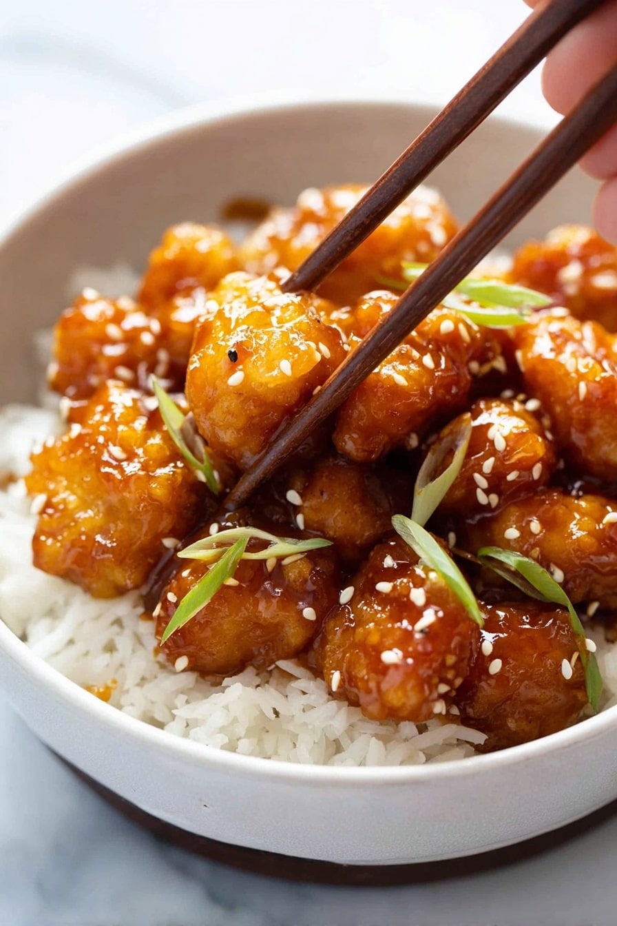 In a white bowl filled with white rice at the bottom, there is a layer of golden-brown crispy pieces covered with a thick, shiny, orange-brown sauce. The crispy pieces look soft inside with a crunchy texture outside. They are sprinkled with small white sesame seeds and thin slices of green onion, adding pops of green and white on top. A pair of wooden chopsticks held by a woman's hand is picking up one of the sauced pieces. The bowl sits on a white marbled surface, creating a clean and fresh background. Photo taken with an iphone --ar 2:3 --v 7 - Crispy General Tso's Chicken, Chinese chicken recipes, homemade takeout chicken, spicy sweet chicken stir-fry, easy Asian chicken dish