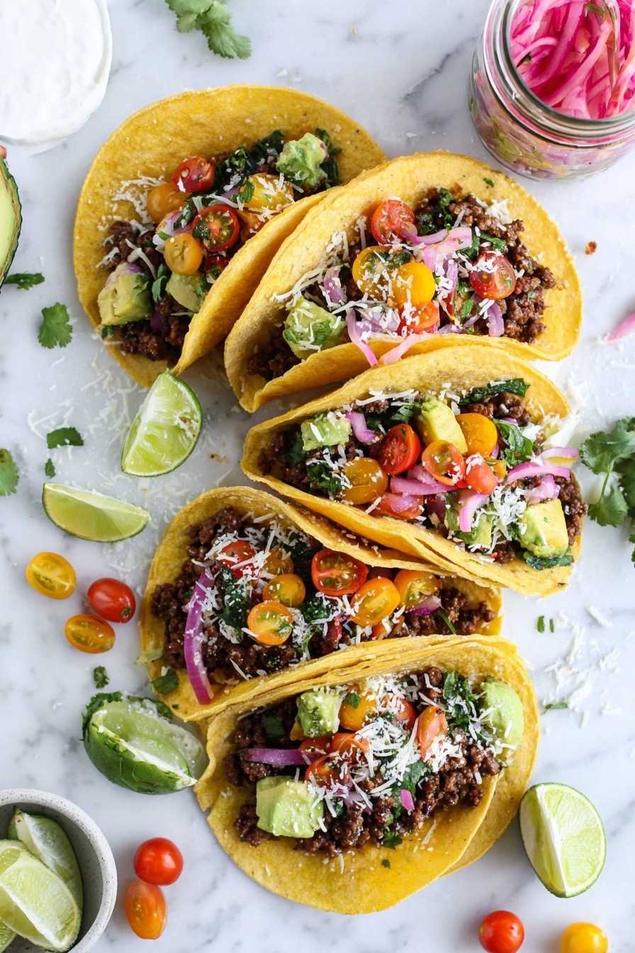 The image shows five soft yellow corn tortillas arranged in a loose circle on a white marbled surface, each filled with layers of dark brown cooked ground meat, bright green avocado chunks, colorful halves of red, yellow, and orange cherry tomatoes, fresh chopped cilantro, thin strips of purple pickled onion, and small white shredded cheese scattered on top. Lime wedges and whole cherry tomatoes are placed around the tortillas as garnish. A glass jar with pickled onions and a small white bowl of sour cream are partially visible near the edges. The scene feels fresh and vibrant, with a casual, inviting look. photo taken with an iphone --ar 2:3 --v 7 - Easy Ground Beef Tacos, ground beef tacos, quick taco recipes, homemade beef tacos, weeknight taco dinner