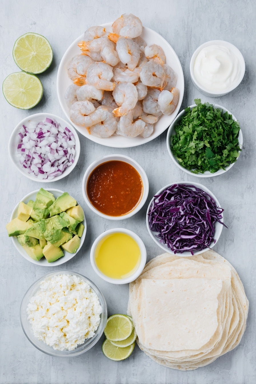 Flat lay of fresh raw shrimp with glistening shells, a halved ripe avocado diced into chunks, thinly shredded vibrant purple cabbage, finely diced bright red onion, a small handful of coarsely chopped fresh cilantro leaves, a small white bowl of creamy sour cream, another small white bowl with smooth mayonnaise, a small white bowl containing freshly squeezed lime juice, a few whole garlic cloves unpeeled, a small white bowl holding a deep orange-red Sriracha sauce, a small white bowl of golden olive oil, a neat mound of crumbly white Cotija cheese, a small pile of white corn tortillas stacked evenly, and a fresh lime cut into eight wedges all arranged in perfect symmetry on simple white ceramic bowls and plates placed on a clean white marble surface, soft natural light, photo taken with an iPhone, professional food photography style, fresh ingredients, white ceramic bowls, no bottles, no duplicates, no utensils, no packaging --ar 2:3 --v 7 --p m7354615311229779997 - Shrimp Tacos with Lime Cream Sauce, shrimp taco recipe, seafood tacos, easy shrimp tacos, lime cream sauce tacos