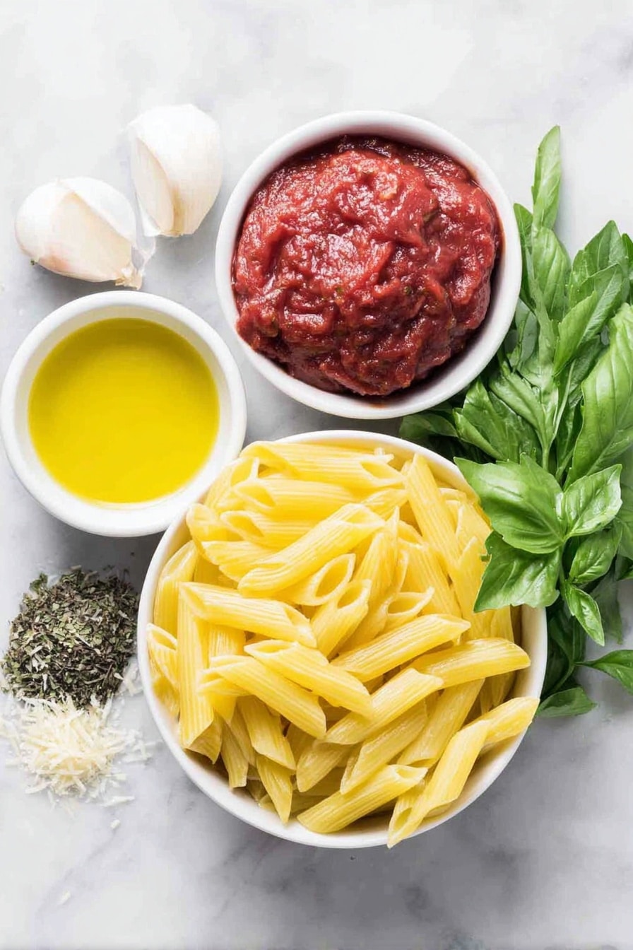 Flat lay of a mound of uncooked yellow penne pasta, two whole garlic cloves with smooth white skins, a small white ceramic bowl filled with bright red pureed tomatoes, a small white ceramic bowl containing deep red thick tomato paste, a few sprigs of fresh bright green parsley, a few sprigs of fresh vibrant green basil leaves, a small white ceramic bowl with golden olive oil, a small white ceramic bowl of dried oregano leaves, and a small heap of finely grated pale yellow parmesan cheese all arranged in perfect symmetry on a clean white marble surface, soft natural light, photo taken with an iPhone, professional food photography style, fresh ingredients, white ceramic bowls, no bottles, no duplicates, no utensils, no packaging --ar 2:3 --v 7 --p m7354615311229779997 - Quick Penne Pomodoro with Fresh Basil, easy penne pasta recipes, quick tomato pasta, fresh basil pasta, simple Italian pasta recipes