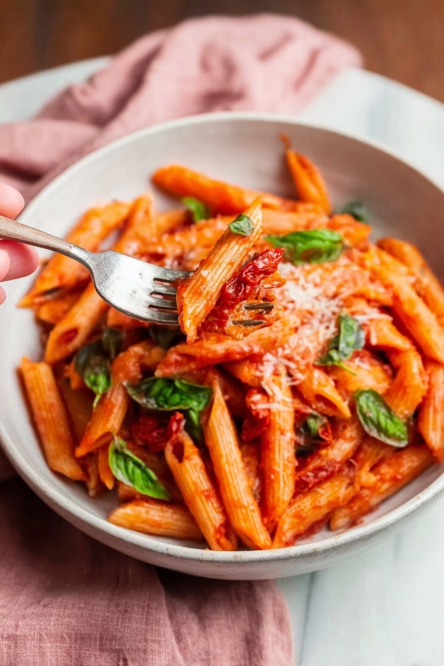 A white bowl filled with red penne pasta coated in tomato sauce. The pasta is layered with small green basil leaves scattered on top. A woman's hand holds a silver fork lifting a bite of pasta with a piece of sun-dried tomato and some grated cheese visible on top. The background is a white marbled surface with a soft pink cloth near the bowl, creating a cozy setting. photo taken with an iphone --ar 2:3 --v 7 - Quick Penne Pomodoro with Fresh Basil, easy penne pasta recipes, quick tomato pasta, fresh basil pasta, simple Italian pasta recipes