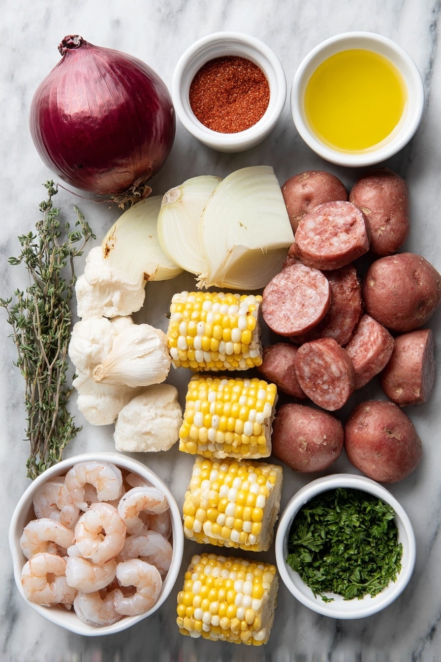 Flat lay of a large red onion quartered into wedges, a whole garlic bulb halved horizontally showing cloves, a small white ceramic bowl filled with bright reddish Old Bay seasoning powder, fresh thyme sprigs with delicate green leaves, several medium red potatoes cut into fourths with smooth skin, four husked corn ears broken into halves with bright yellow kernels, thick slices of reddish-brown andouille sausage showing marbling, a pile of plump raw pink shrimp with shells peeled and deveined, a small white bowl of melted golden butter, another small white bowl with fresh lemon juice, and a few sprigs of finely chopped fresh green parsley, all arranged symmetrically and naturally without any packaging, placed on a clean white marble surface, soft natural light, photo taken with an iPhone, professional food photography style, fresh ingredients, white ceramic bowls, no bottles, no duplicates, no utensils, no packaging --ar 2:3 --v 7 --p m7354615311229779997 - Shrimp Boil, Shrimp Boil with Corn and Sausage, Seafood Boil, Easy Shrimp Boil, One-Pot Shrimp Feast