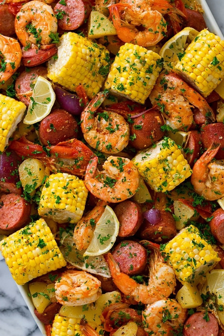 The image shows a colorful seafood boil with several layers mixed together. The first layer consists of chunky pieces of bright yellow corn on the cob with visible kernels, evenly spread across the dish. On top of that are many plump shrimp with an orange-pink color and a slightly shiny, cooked texture. Interspersed among the shrimp and corn are thick slices of reddish sausage with a smooth surface, and chunks of red-skinned potatoes with a soft texture. Thin lemon wedges with yellow skin and juicy white flesh are scattered in various places. The entire dish is sprinkled with finely chopped green parsley, adding a fresh touch. The food rests on a white marbled surface that enhances the vibrant colors. Photo taken with an iphone --ar 2:3 --v 7 - Shrimp Boil, Shrimp Boil with Corn and Sausage, Seafood Boil, Easy Shrimp Boil, One-Pot Shrimp Feast