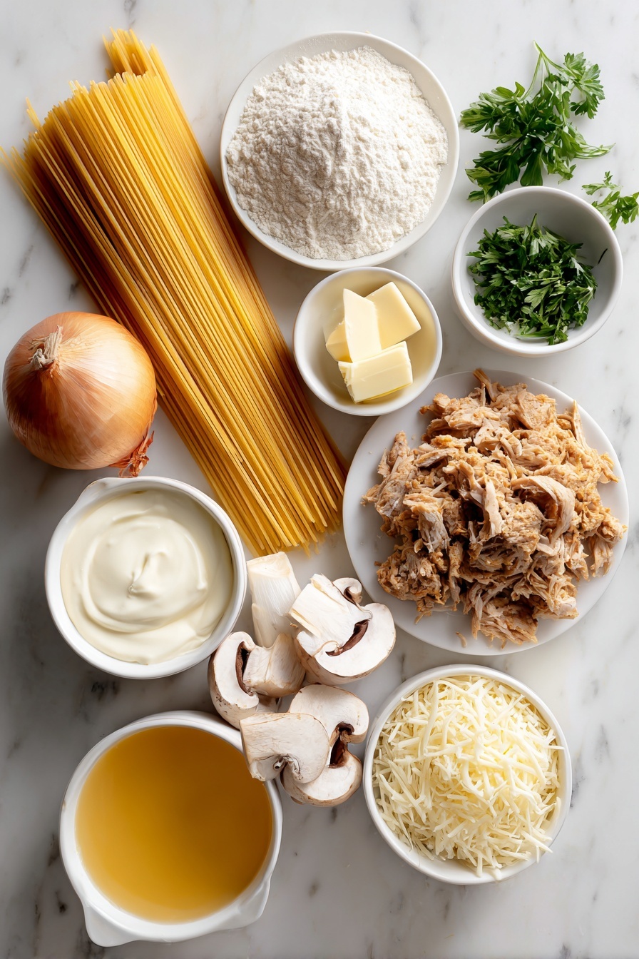 Flat lay of a bundle of uncooked spaghetti strands, a few small cubes of salted butter, one whole uncracked brown onion, three cloves of garlic with papery skins, a handful of sliced fresh white mushrooms, a small mound of all-purpose flour on a white ceramic plate, a small white bowl filled with golden chicken broth, a small white bowl with smooth garlic-flavored cream cheese, a small white bowl containing creamy half and half, a small bunch of bright green fresh parsley sprigs, a small pile of cooked chopped turkey meat, a small mound of shredded mozzarella cheese, and a tiny white bowl holding grated Parmesan cheese, all arranged symmetrically on a clean white marble surface, soft natural light, photo taken with an iPhone, professional food photography style, fresh ingredients, white ceramic bowls, no bottles, no duplicates, no utensils, no packaging --ar 2:3 --v 7 --p m7354615311229779997 - Creamy Turkey Tetrazzini Bake, Turkey tetrazzini casserole, cheesy turkey pasta bake, holiday leftover turkey recipe, easy comfort food dinner