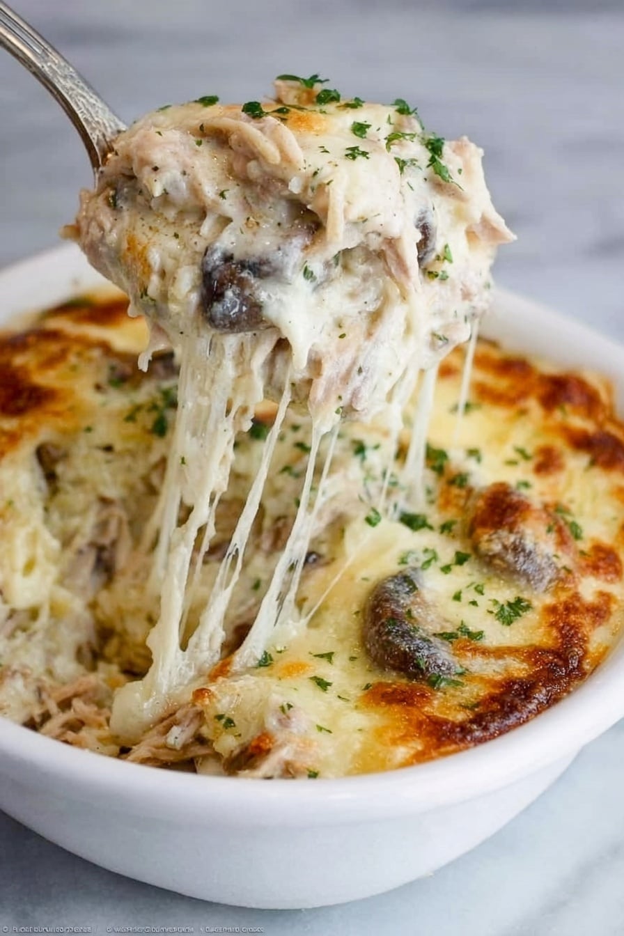The image shows a close-up of a white bowl filled with several layers of creamy spaghetti pasta. The bottom layer is light beige spaghetti, covered by a thick white sauce with small green parsley pieces sprinkled on top. The sauce looks rich and smooth, with some small bits of chicken or vegetables visible. The bowl is placed on a white marbled surface next to a silver fork with detailed edges. The background is softly blurred, showing another dish out of focus. photo taken with an iphone --ar 2:3 --v 7 - Creamy Turkey Tetrazzini Bake, Turkey tetrazzini casserole, cheesy turkey pasta bake, holiday leftover turkey recipe, easy comfort food dinner