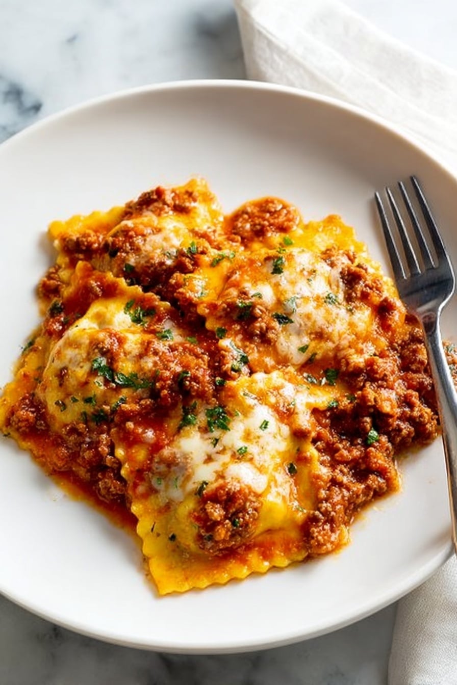 The dish shows four large square ravioli pieces covered in a thick, chunky tomato meat sauce with visible bits of ground meat and small green herb sprinkles on top. The ravioli have ruffled edges and are coated in melted cheese that is golden-yellow and slightly browned in spots. The sauce spreads evenly over the pasta, giving it a rich and hearty look. The white plate sits on a white marbled surface, with a fork resting on the right side of the plate. The lighting highlights the textures and colors, making the dish look warm and appetizing. photo taken with an iphone --ar 2:3 --v 7 - Baked Ravioli with Meat Sauce, baked ravioli casserole, Italian baked pasta, easy meat sauce pasta, cheesy baked ravioli