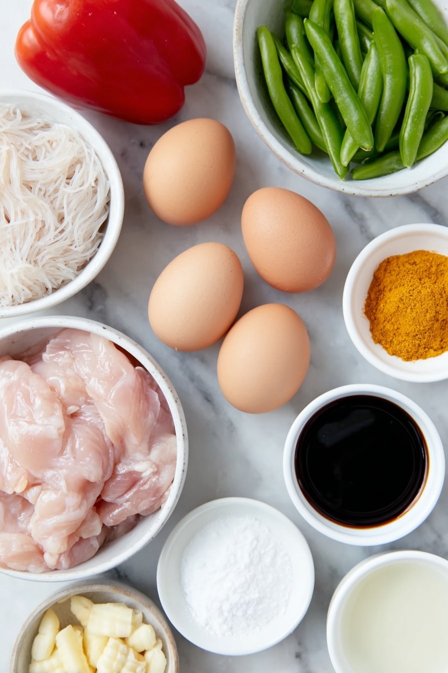 Flat lay of a small bundle of dried rice vermicelli noodles, thinly sliced raw chicken thighs with pale pink flesh, three whole uncracked brown eggs, one whole fresh red bell pepper, one small whole yellow onion, a handful of bright green snap peas with ends removed, a small pile of fresh baby corn ears, four peeled garlic cloves, a small white ceramic bowl of golden yellow curry powder, a small white ceramic bowl of dark brown hoisin sauce, a small white ceramic bowl of light brown soy sauce, a small white ceramic bowl of clear Shaoxing wine, a small white ceramic bowl of white granulated sugar, a small white ceramic bowl of translucent cornstarch powder, a small white ceramic bowl of clear vegetable oil, all ingredients arranged symmetrically and with realistic proportions, placed on a clean white marble surface, soft natural light, photo taken with an iPhone, professional food photography style, fresh ingredients, white ceramic bowls, no bottles, no duplicates, no utensils, no packaging --ar 2:3 --v 7 --p m7354615311229779997 - Singapore Curry Noodles, easy Singapore curry noodles, Asian noodle recipes, quick curry noodle dish, flavorful noodle recipes