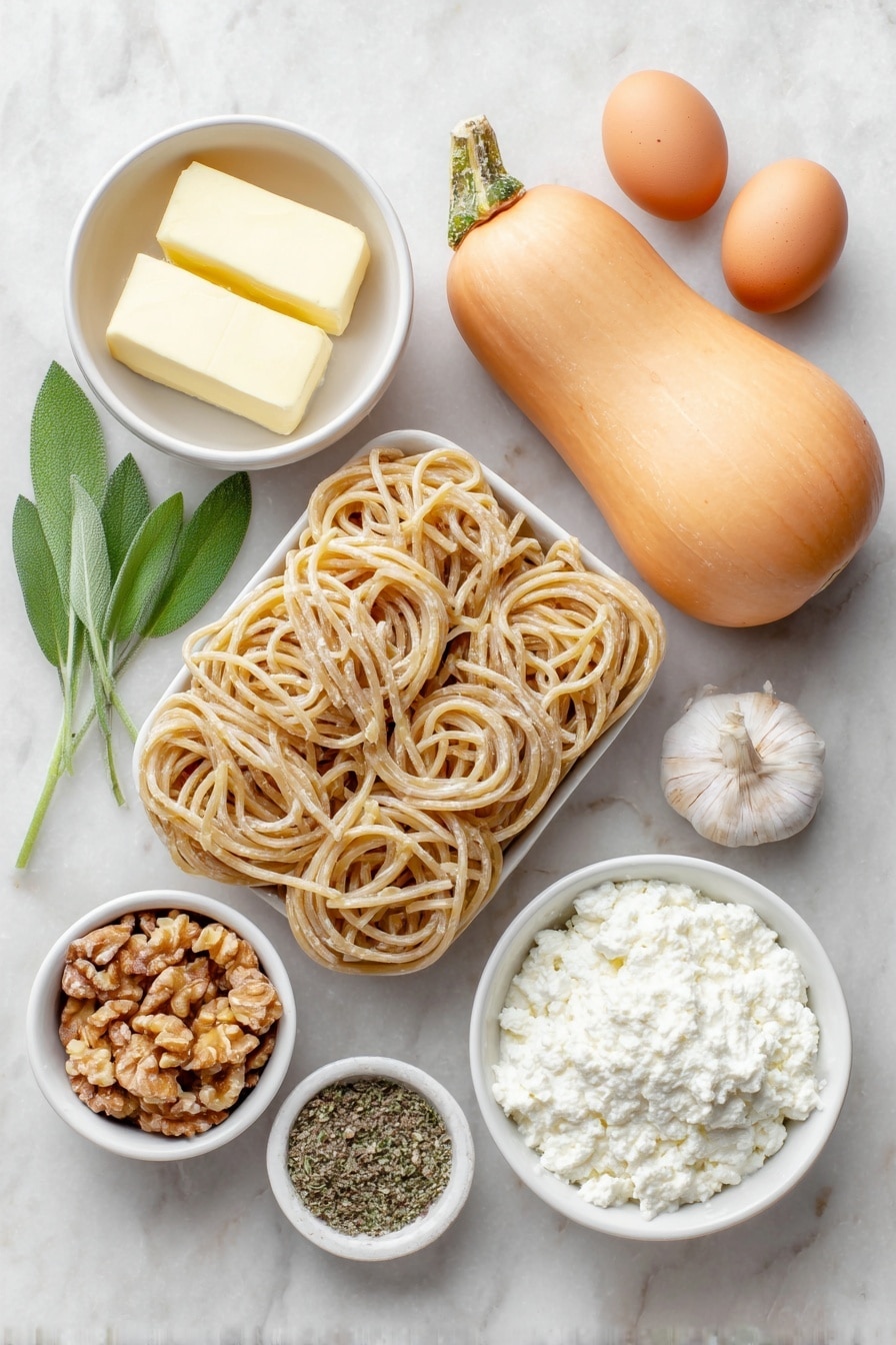 Flat lay of a small nest of dry bucatini pasta, a whole uncut butternut squash with bright orange skin and a green stem, two whole uncracked brown eggs, a small white ceramic bowl filled with pale yellow unsalted butter, a few large fresh sage leaves with vibrant green color, two peeled garlic cloves slightly smashed, a small white bowl of coarsely chopped toasted walnuts, a small white bowl of freshly grated Parmesan cheese, a small white bowl of smooth whole-milk ricotta cheese, a small white bowl containing a mix of ground ginger, nutmeg, cumin, and a pinch of cayenne powder artfully arranged side by side, and a sprinkling of kosher salt and cracked black pepper grains arranged neatly on the white ceramic surface, all placed on a clean white marble surface, soft natural light, photo taken with an iPhone, professional food photography style, fresh ingredients, white ceramic bowls, no bottles, no duplicates, no utensils, no packaging --ar 2:3 --v 7 --p m7354615311229779997 - Butternut Squash Sage Pasta, roasted butternut squash pasta, fall vegetarian pasta, easy cozy pasta recipes, healthy sage pasta