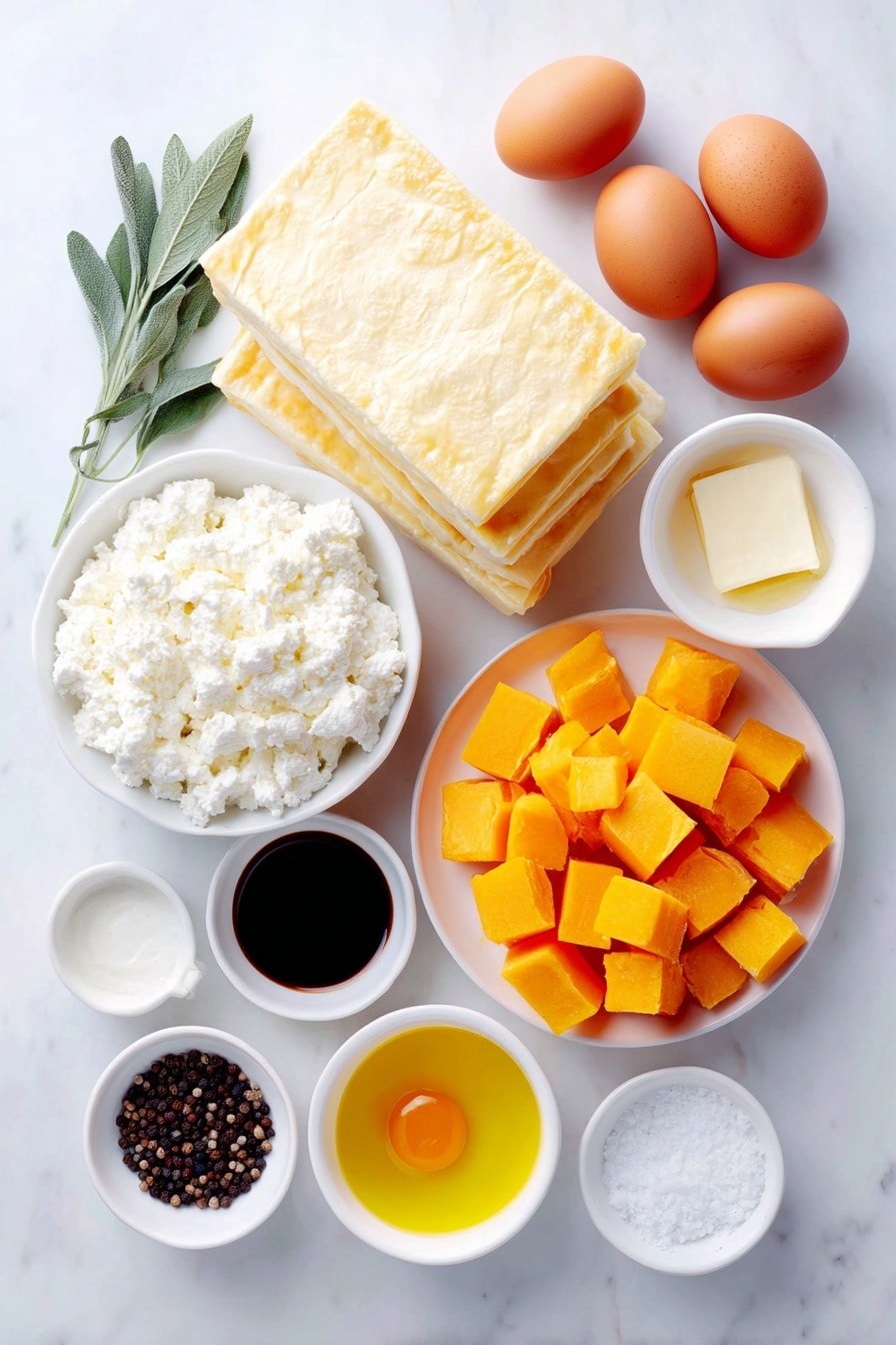 Flat lay of a medium whole butternut squash peeled and diced into small cubes, a small white ceramic bowl of fresh ricotta cheese, a small white ceramic bowl with golden olive oil, a small white ceramic bowl of dark balsamic vinegar, a medium whole sweet onion sliced thinly, a few fresh sage sprigs, two whole uncracked brown eggs, a stack of two sheets of defrosted puff pastry, a small white ceramic bowl of softened butter, sea salt crystals scattered delicately, cracked black peppercorns, all arranged in perfect symmetry on a clean white marble surface, soft natural light, photo taken with an iPhone, professional food photography style, fresh ingredients, white ceramic bowls, no bottles, no duplicates, no utensils, no packaging --ar 2:3 --v 7 --p m7354615311229779997 - Mini Butternut Squash Tarts, butternut squash appetizers, savory pumpkin tarts, easy holiday appetizers, puff pastry squash bites