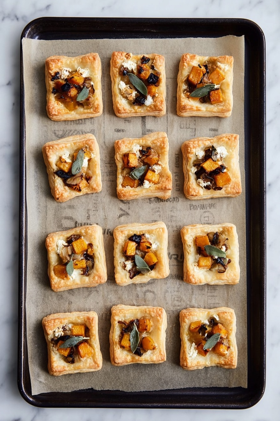 Twelve small square pastries are arranged in a 4 by 3 grid on parchment paper lined on a dark baking tray. Each pastry has a golden-brown puff crust with a slightly raised edge around the border. Inside each crust, there are layers of small golden-orange cubes, dark bits resembling cooked mushrooms or caramelized onions, and light crumbles of cheese, all topped with thin strips of green herb, possibly sage. The pastries have a slightly glossy finish on top, and the parchment paper beneath them has faint printed text. The tray is placed on a white marbled surface. photo taken with an iphone --ar 2:3 --v 7 - Mini Butternut Squash Tarts, butternut squash appetizers, savory pumpkin tarts, easy holiday appetizers, puff pastry squash bites