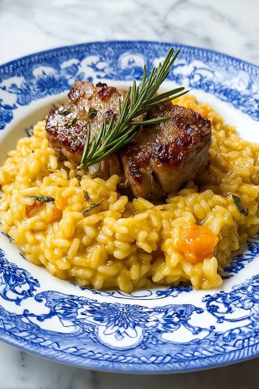 A bowl of creamy risotto with orange pieces of roasted pumpkin mixed throughout the rice. The risotto has a soft, slightly glossy texture giving it a rich look, with small green herb bits scattered inside. On top, there is a light layer of grated white cheese that adds a fine, feathery detail. The dish is served in a white bowl with a pale peach inner surface sitting on a dark blue woven mat, and a silver spoon is partially visible on the right side. photo taken with an iphone --ar 2:3 --v 7 - Butternut Squash Risotto with Saffron, creamy butternut squash risotto, saffron risotto recipes, vegetarian risotto ideas, cozy fall risotto