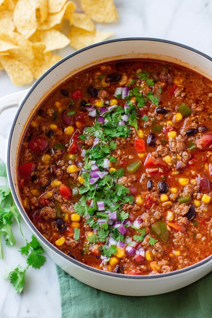 A white pot filled with chili showing layers of rich red sauce, mixed with ground meat, black beans, pinto beans, diced red and green peppers, yellow corn kernels, and small pieces of onion. The top is sprinkled with fresh green cilantro leaves and finely chopped purple onion pieces. The pot sits on a green cloth on a white marbled surface, with some light yellow potato chips loosely piled in the background. Photo taken with an iphone --ar 2:3 --v 7 - Hearty Taco Soup, taco soup recipe, easy taco soup, Mexican soup recipes, comforting taco soup