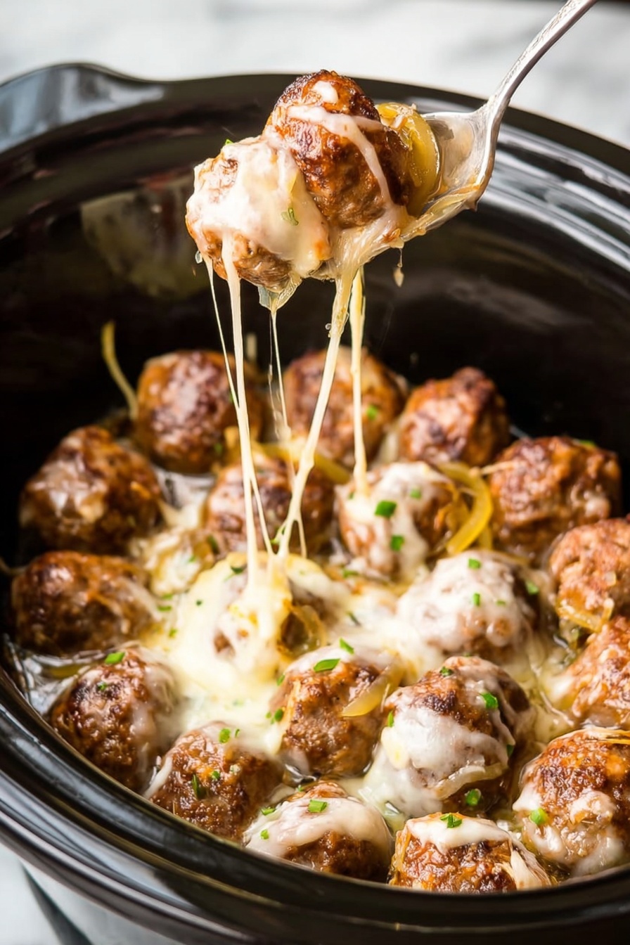 The image shows a round black slow cooker filled with small, browned meatballs covered in melted white cheese, with some thin, yellow cooked onion slices mixed in. The cheese looks stretchy as a silver spoon lifts several meatballs and onions out of the cooker, creating long melted cheese strings. The meatballs are arranged in a circle inside the slow cooker. Some small green herb pieces are sprinkled on the meatballs. The background is a white marbled texture. Photo taken with an iphone --ar 2:3 --v 7 - Slow Cooker French Onion Meatballs, French Onion Soup Meatballs, Easy Slow Cooker Meatball Recipe, Cozy Dinner Ideas, Comfort Food Recipes