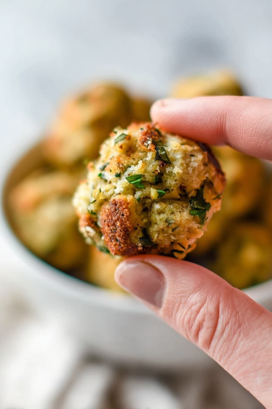 A close-up of a small round food ball held between a woman's thumb and forefinger. The ball has a rough texture made of small golden bread-like cubes mixed with green herbs and seasoning, giving it a slightly crispy look. In the background, there is a white bowl holding more of the same balls, with a soft white marbled surface beneath. The focus is sharp on the ball and fingers, while the background is softly blurred. photo taken with an iphone --ar 2:3 --v 7 - Baked Stuffing Balls, savory stuffing balls, easy stuffing ball recipe, crispy stuffing bites, holiday appetizer ideas