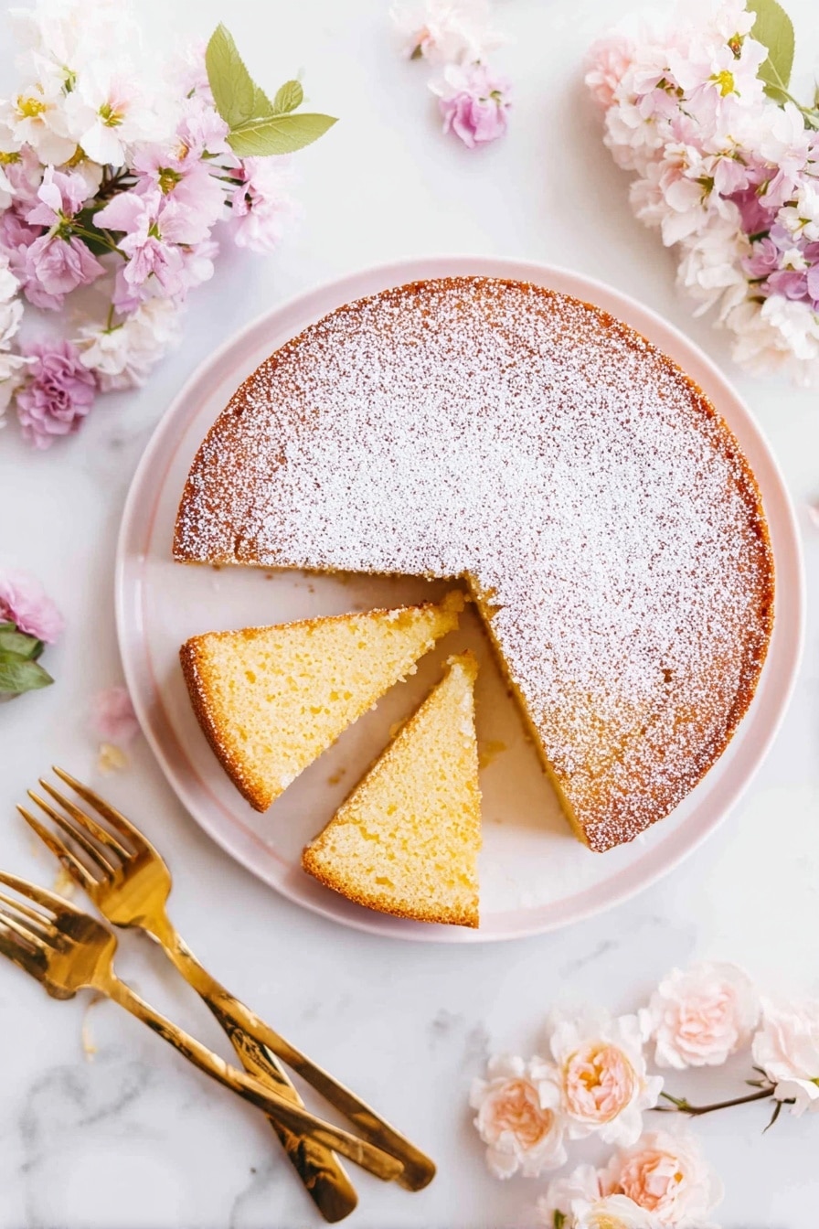 A round cake with a golden brown top dusted evenly with powdered sugar sits on a white plate. Two slices are taken out and placed partly overlapping inside the cake’s empty space, showing a soft, light yellow inside with a slightly shiny texture. Around the plate are clusters of light pink and white flowers and a set of gold forks on a white marbled surface. The photo taken with an iphone --ar 2:3 --v 7 - Easy French Butter Cake, French Butter Cake, moist butter cake, simple cake recipe, classic French desserts