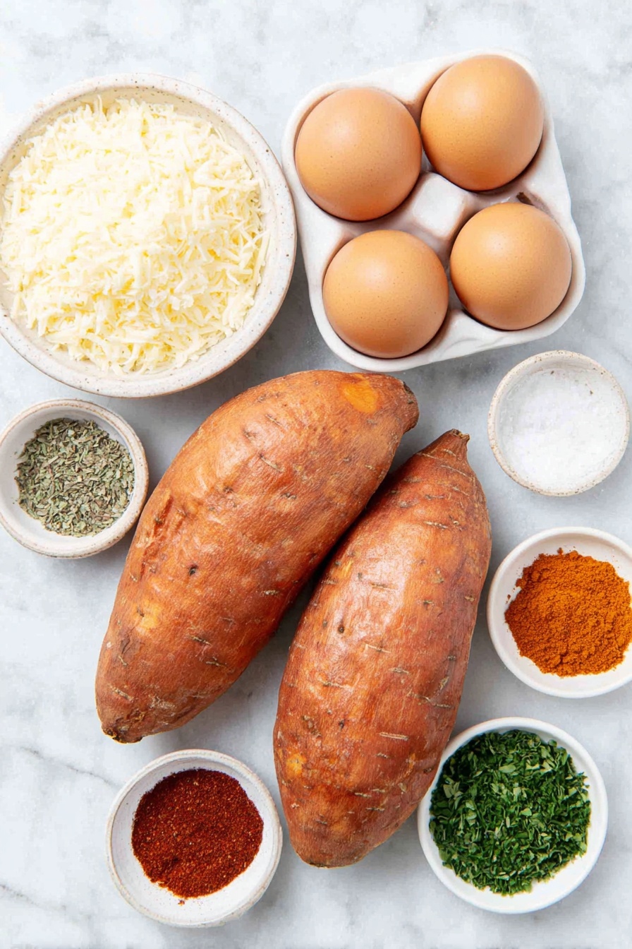 Flat lay of two large whole sweet potatoes with bright orange skin, three whole uncracked brown eggs, a small white ceramic bowl filled with finely grated pale yellow Parmesan cheese, a small white bowl containing coarse salt crystals, another small white bowl with coarse ground black pepper, a small white bowl with fine garlic powder, a small white bowl holding dried green parsley flakes, a small white bowl containing dried oregano leaves, a small white bowl with vibrant red paprika powder, and a tiny white bowl with deep orange cayenne pepper powder, all arranged in perfect symmetry on a clean white marble surface, soft natural light, photo taken with an iPhone, professional food photography style, fresh ingredients, white ceramic bowls, no bottles, no duplicates, no utensils, no packaging --ar 2:3 --v 7 --p m7354615311229779997 - Garlic Parmesan Sweet Potato Wedges, crispy sweet potato fries, healthy side dish, easy snack recipes, flavorful vegetable sides