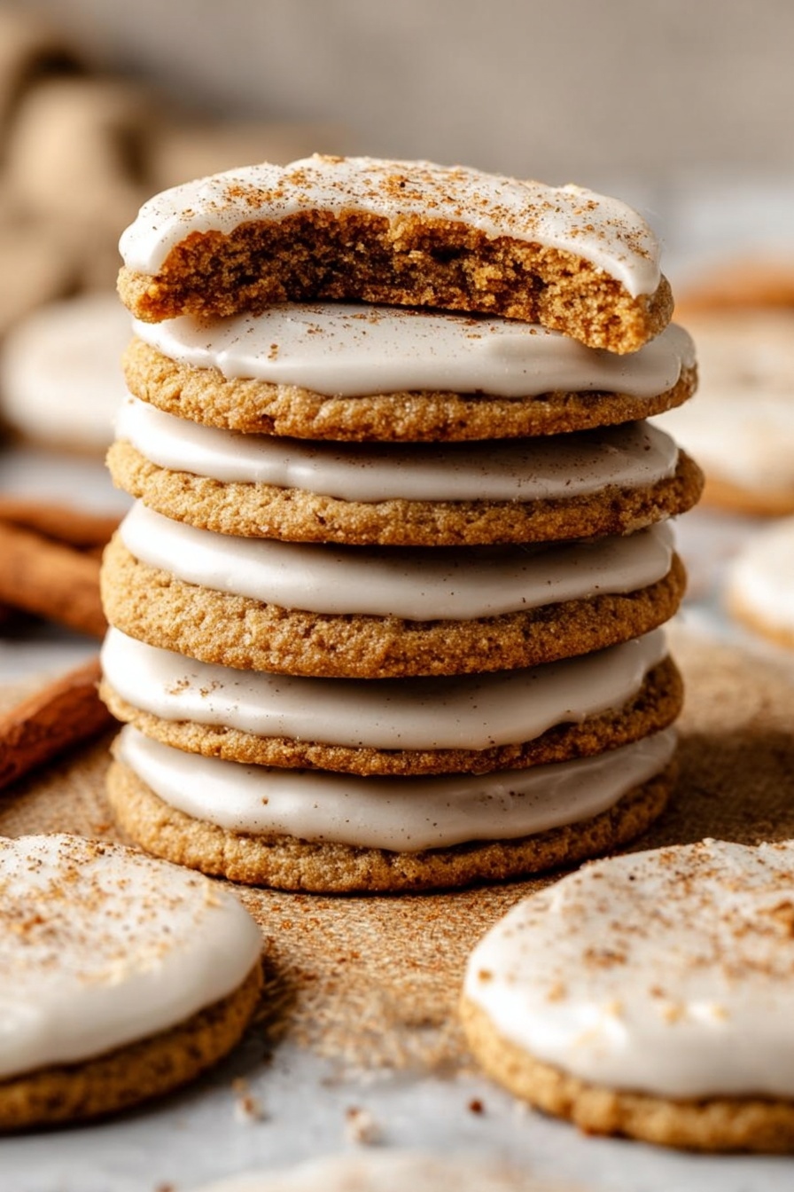 A tall stack of ten golden brown cookies with a smooth white icing layer on top, the top cookie is broken in half showing a soft brown interior. Around the stack, there are more iced cookies placed on a white marbled surface. The cookies have a rough texture with some sprinkled cinnamon on the icing. The scene is warm and cozy with soft lighting. photo taken with an iphone --ar 2:3 --v 7 - Brown Sugar Pop-Tart Cookies, Brown Sugar Cookie Recipe, Cinnamon Swirl Cookies, Easy Breakfast Cookies, Homemade Pop-Tart Cookies