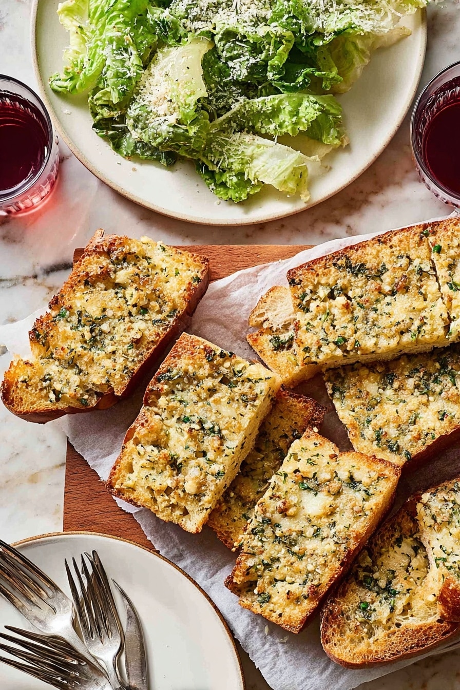 The image shows several pieces of garlic bread arranged on white parchment paper placed on a wooden board. The bread has a golden crust with a topping layer that looks creamy and speckled with chopped green herbs and small bits of garlic. The texture of the topping appears slightly rough but moist with a toasted finish. Nearby, a white plate contains a leafy green salad with crispy lettuce leaves and grated cheese on top, with a silver fork resting on the plate. Another white plate with four silver forks is visible at the bottom, along with a glass of reddish juice on the side. The surface underneath everything is a white marbled texture. Photo taken with an iphone --ar 2:3 --v 7 - Garlic Herb Parmesan Bread, garlic bread recipe, cheesy garlic bread, homemade garlic bread, buttery herb bread