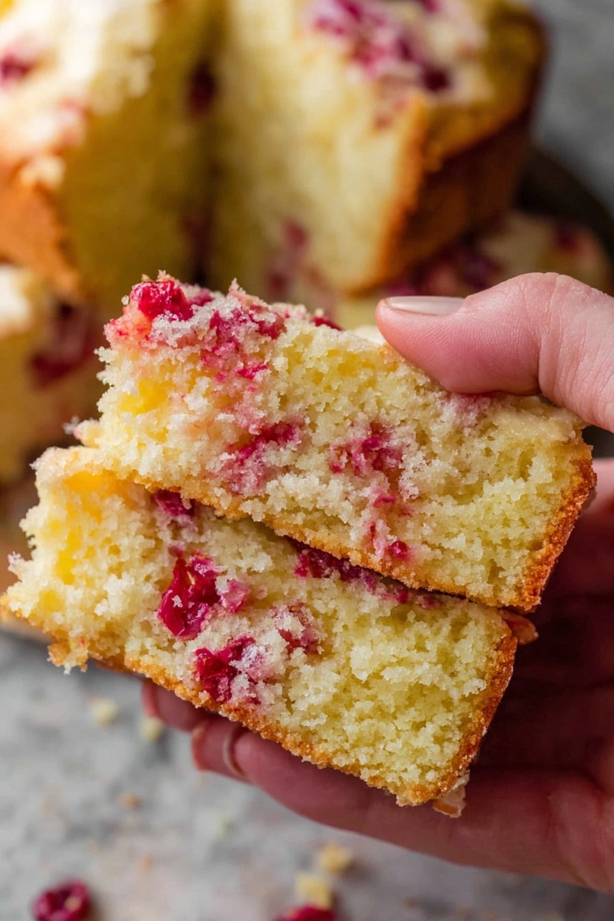 A close-up of a woman's hand holding a piece of golden yellow cake that is broken in half, showing two layers. The cake is moist with a soft crumb texture and has bright red berries scattered through both layers and the top, adding color contrast. The background shows more pieces of the same cake resting on a white marbled surface. The lighting highlights the moist texture and the berries' vibrant red spots photo taken with an iphone --ar 2:3 --v 7 - Cranberry Orange Bread without Glaze, cranberry orange loaf, festive cranberry bread, easy citrus bread, moist fruit bread