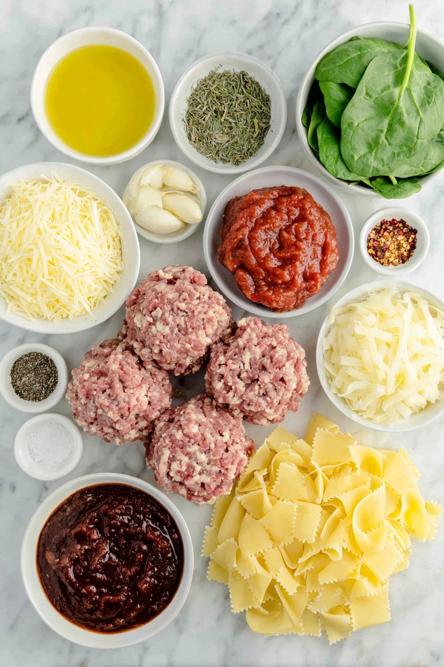 Flat lay of a small pile of lean ground beef, a small pile of Italian ground sausage, a small white ceramic bowl of golden olive oil, a small white ceramic bowl of chopped yellow onion, three peeled garlic cloves, a small white ceramic bowl of deep red tomato paste, a small white ceramic bowl of vibrant red marinara sauce, a small white ceramic bowl with red pepper flakes, a small white ceramic bowl of salt, a small white ceramic bowl of black ground pepper, a small white ceramic bowl of garlic powder, a small white ceramic bowl of crushed dried oregano, a small white ceramic bowl of dried thyme, a small white ceramic bowl filled with clear beef broth, broken pieces of uncooked lasagna noodles, a small pile of fresh baby spinach leaves, a small mound of shredded parmesan cheese, a small mound of fresh ricotta cheese, a small mound of shredded mozzarella cheese all arranged symmetrically on a clean white marble surface, soft natural light, photo taken with an iPhone, professional food photography style, fresh ingredients, white ceramic bowls, no bottles, no duplicates, no utensils, no packaging --ar 2:3 --v 7 --p m7354615311229779997 - One Pot Lasagna Soup, easy lasagna soup recipe, quick dinner ideas, hearty soup recipes, one pot pasta recipes