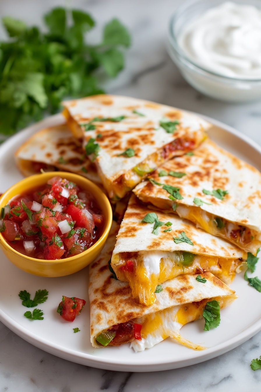 The image shows a white plate holding four triangular pieces of golden brown quesadilla with melted cheese oozing out and bits of green and red peppers inside. There is a small yellow bowl with red tomato salsa that has chopped tomatoes, onions, green peppers, and cilantro, placed next to the quesadilla. Fresh cilantro leaves are scattered around the plate for garnish, and there is a glass bowl with sour cream blurred in the background on a white marbled surface. The photo is taken with an iphone --ar 2:3 --v 7 - Chicken Quesadilla, Easy Chicken Quesadilla, Crispy Chicken Quesadilla, Cheesy Chicken Quesadilla, Quick Chicken Dinner